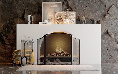 Miniatura 3 de Lizh Metalwork - Pantalla de chimenea de hierro forjado de 3 paneles, 48 pulgadas de largo x 29 pulgadas de alto, protector de chispas con diseño de