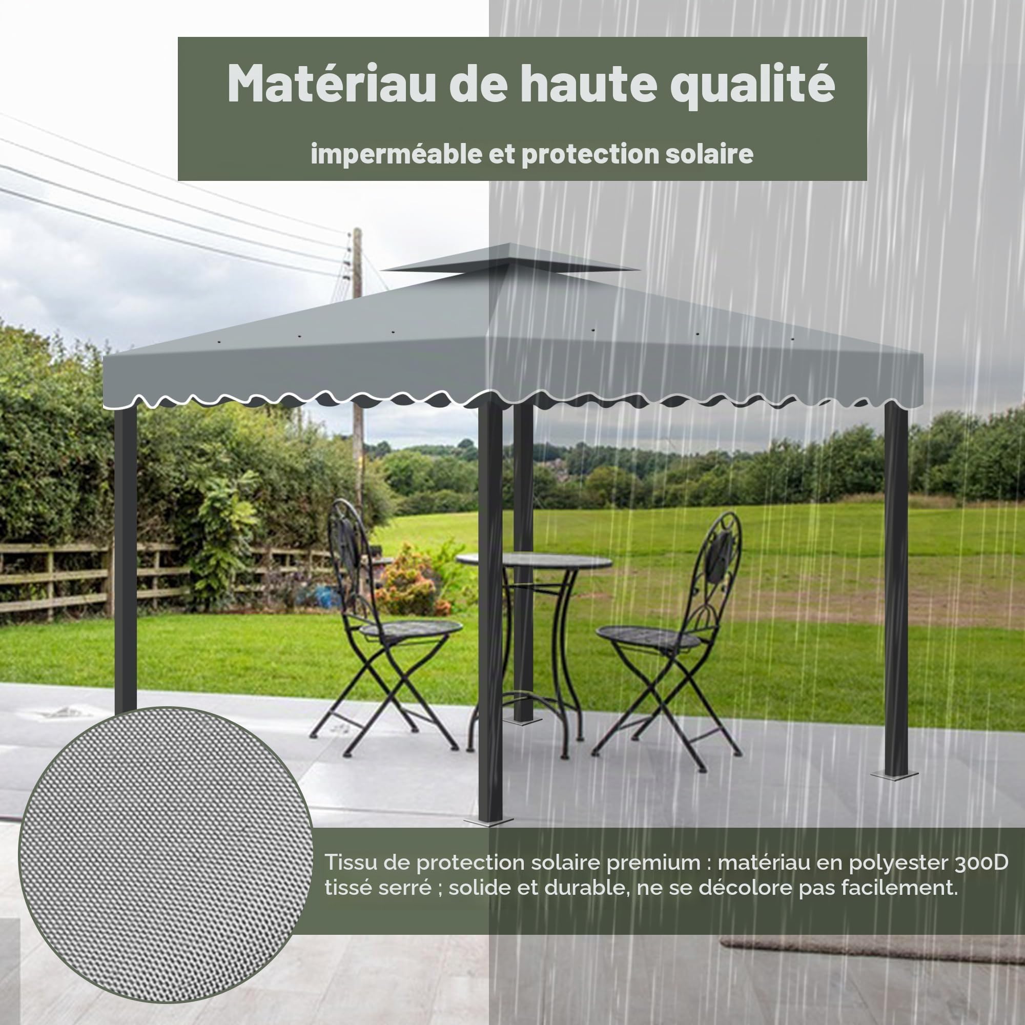Toit de Remplacement pour Pavillon Pliant 3x3, Double Toit Imperméable avec Bord Ondulé et Protection UV UPF50+, Couverture Pergola Ventilée pour Jardin, Terrasse et Camping