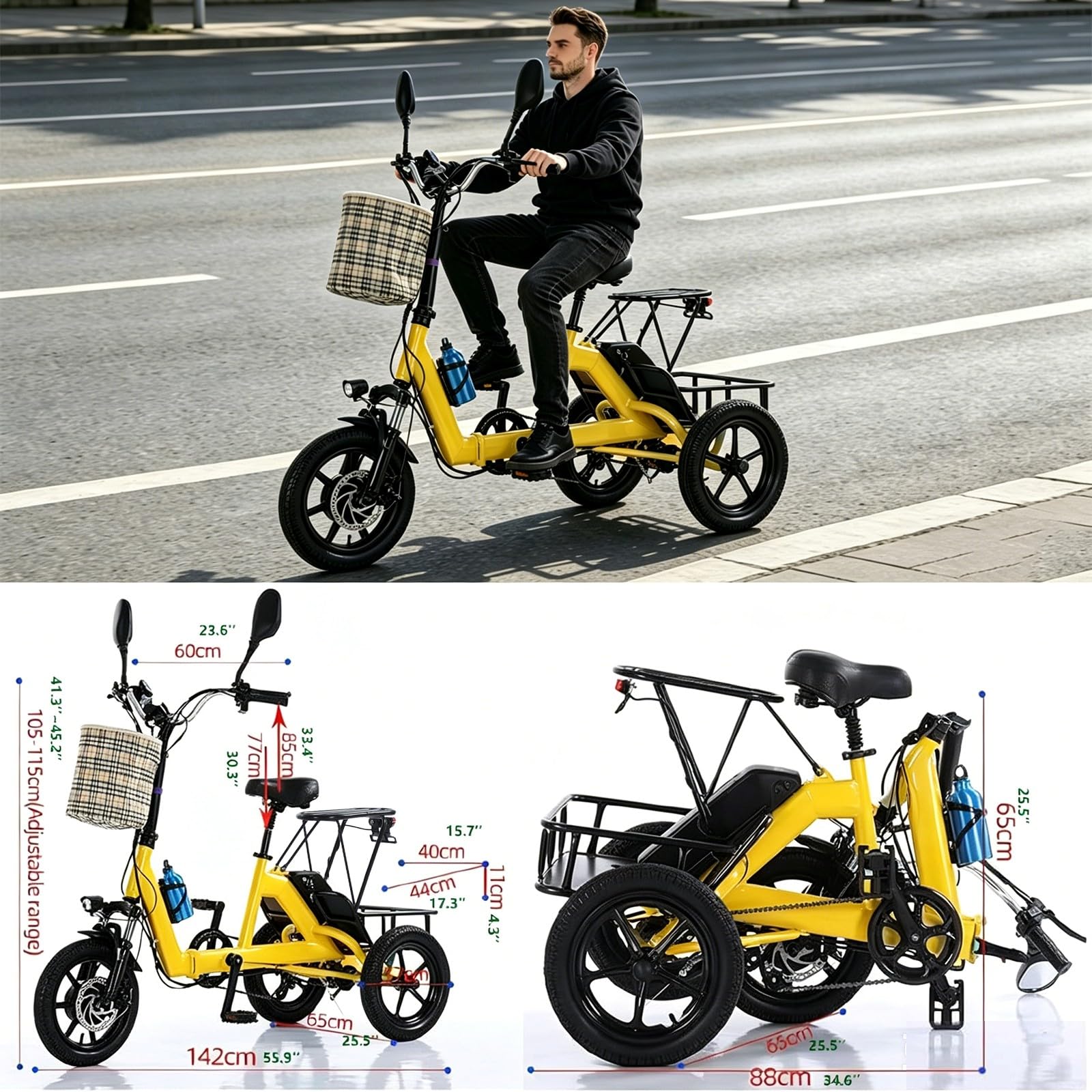 Triciclo Elettrico Per Adulti/Trike Elettrico,Autonomia 45-70 Km,Bici Elettrica A 3 Ruote,Con Ampio Cestino E Batteria Rimovibile Da 48V 10.4 Ah,Per Uomini E Donne Yellow