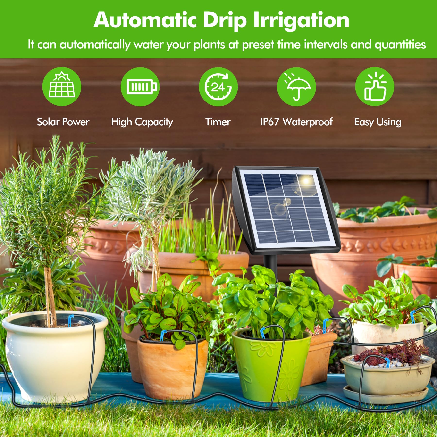 Forever Speed Solar Bewässerungssystem Automatisches Set mit Wassersensor, Selbstbewässerungsgeräte mit Timer, 15 M Schlauch für Garten, Balkon Pflanzen, Kübelpflanzen im Freien