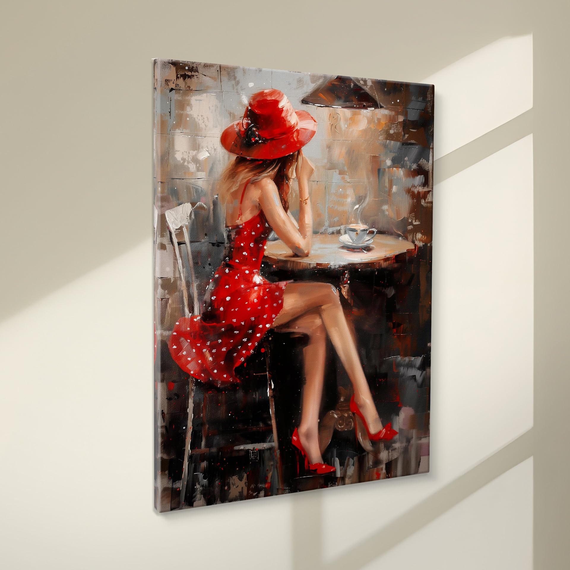 STYLER Tableau sur toile Desiree 60 x 80 cm prêt à accrocher – portrait féminin abstrait noir blanc avec touches rouges – décoration murale élégante