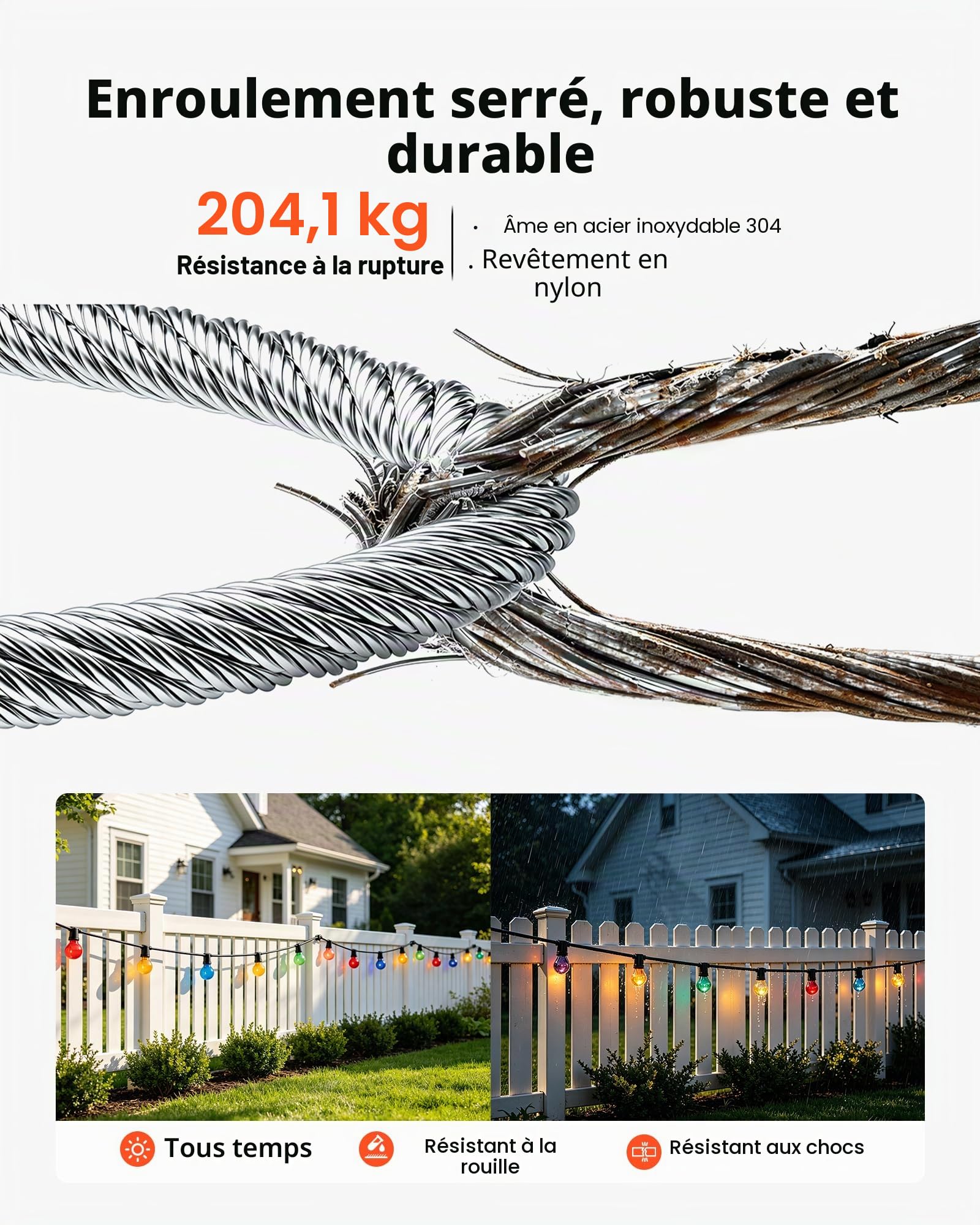 VEVOR Câble Acier Inoxydable 2,38 mm x 50,3 m Cable Inox 304 Kit Fil Tressé Inox Enduit PVC pour Garde-corps Terrasse, Treillis de Jardin, Guirlandes Lumineuses, Résistance à Rupture 2 kN, 7x7 Brins