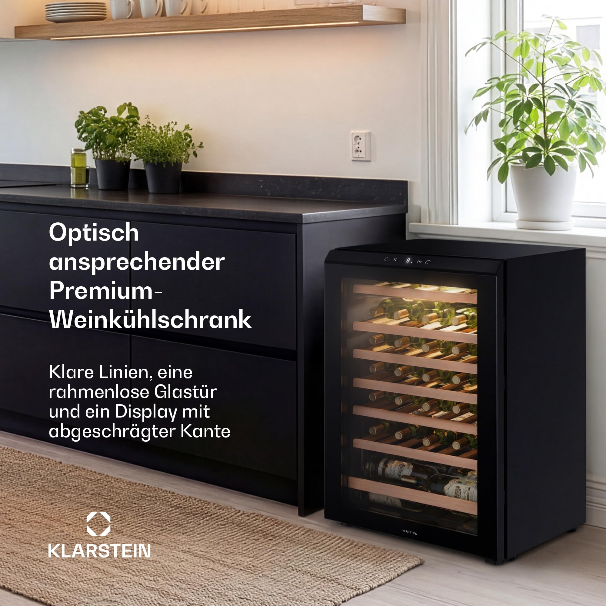 Klarstein Bevora Weinkühlschrank 48 Flaschen – Freistehender Weinkühlschrank, Touch-Bedienfeld 4–18 °C, UV-Glastür, LED-Beleuchtung, Holzablagen