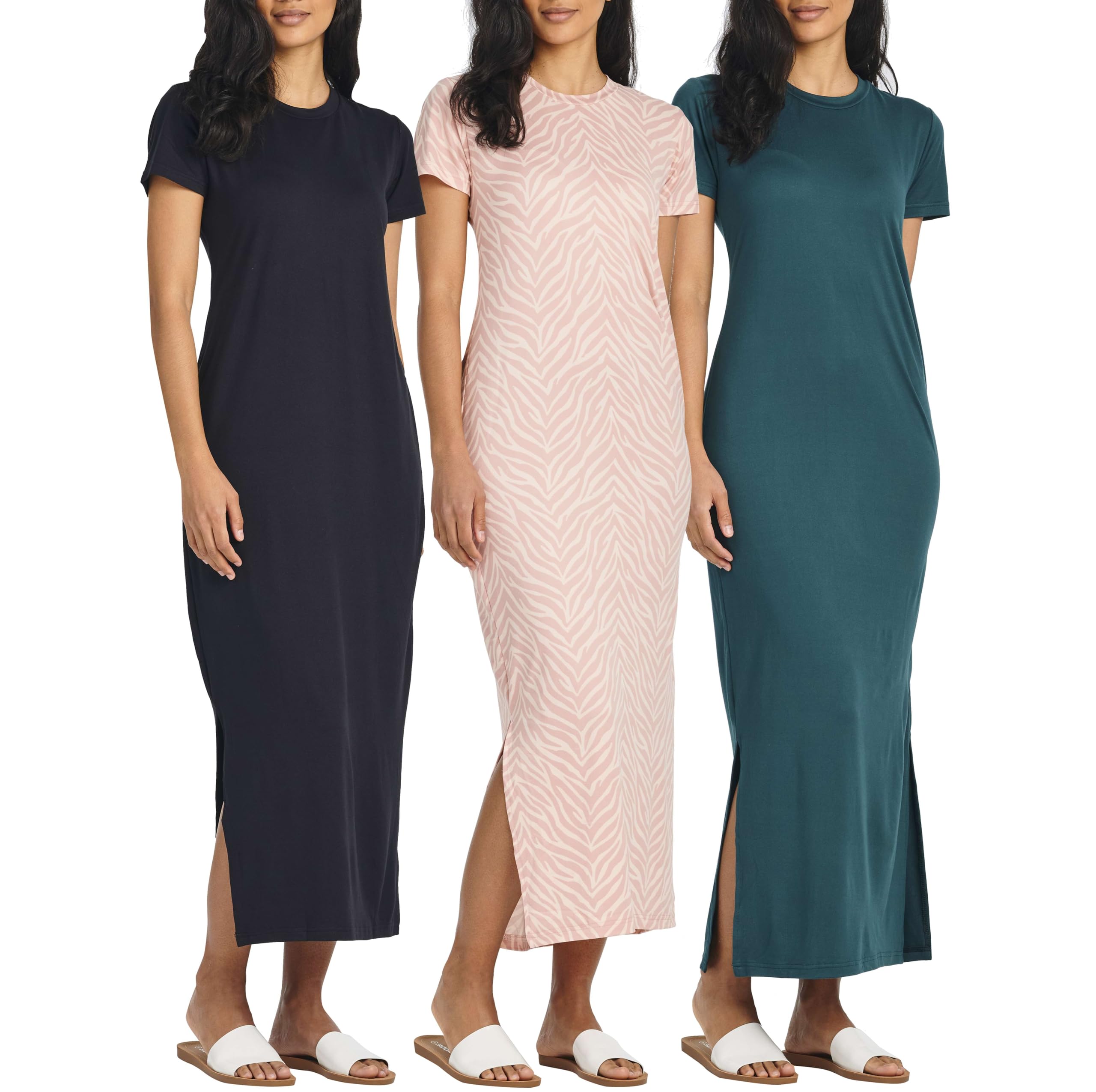 Real Essentials 3 Pack Women’s Casual Short Sleeve Maxi T-Shirt Dress with Slit (Available in Plus Size)