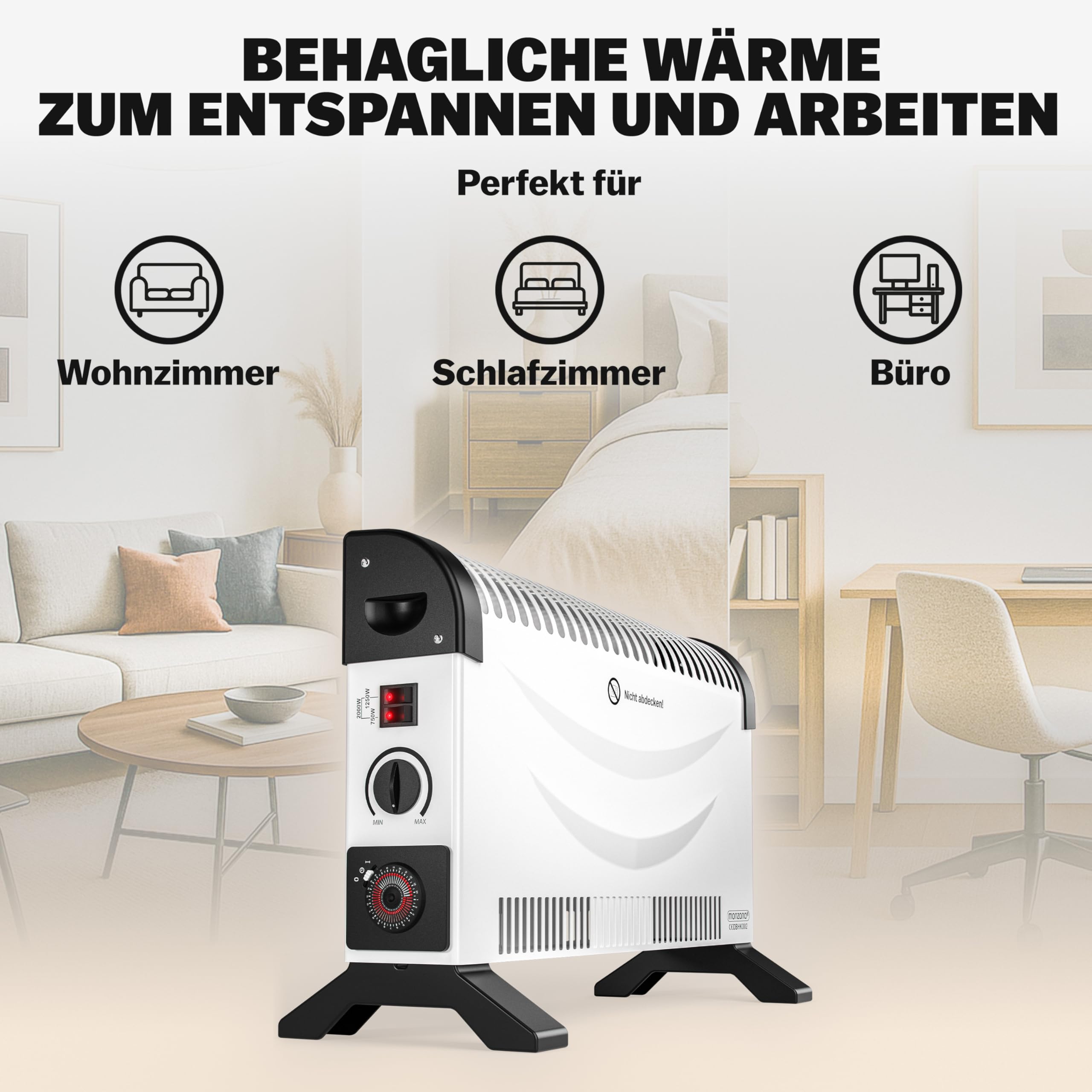 Monzana Konwektor elektryczny grzejnik 2000 W, czujnik mrozu, w zestawie timer 24 h, 3 stopnie ogrzewania, elektryczny termostat, grzejnik