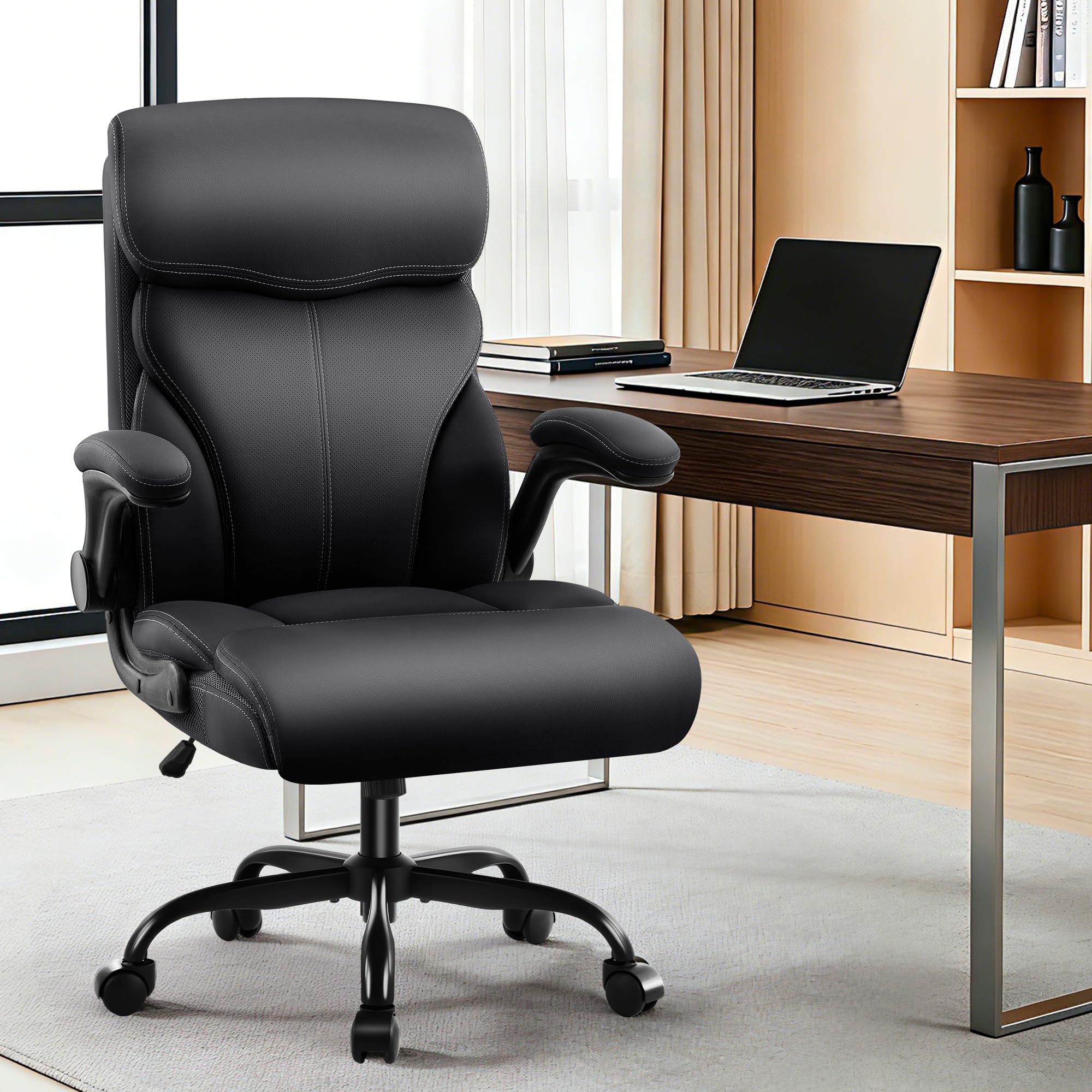 Ergonomischer Chefsessel aus PU-Leder mit Armlehnen, Schwarz | belastbar bis 180 kg , Hohe stabile Rückenlehne, höhenverstellbarer Drehstuhl mit Rollen, optimal für Büro & Homeoffice