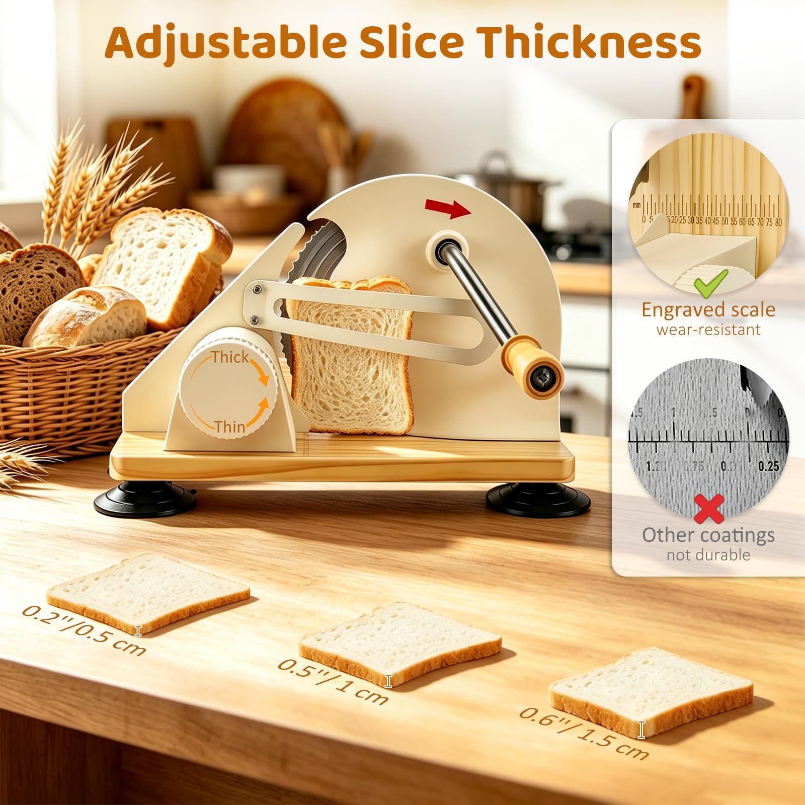 Trancheuse à pain manuelle et pliable - Trancheuse à pain compacte avec lame en acier inoxydable, épaisseur de coupe réglable (1-20 mm), plaque de base en bois antidérapants Idéale pour les toasts