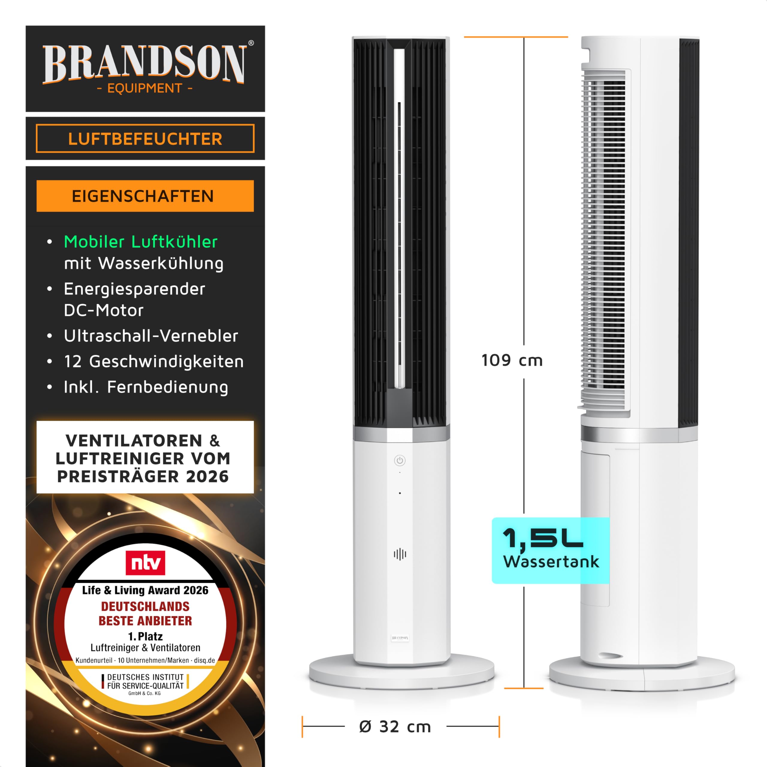 Brandson - mobiles Klimagerät inkl. Luftbefeuchter - Sieger Ventilatoren und Luftkühler 2026 - Turmventilator mit Wasserkühlung - DC Motor sehr leise – 12 Geschwindigkeiten - Fernbedienung
