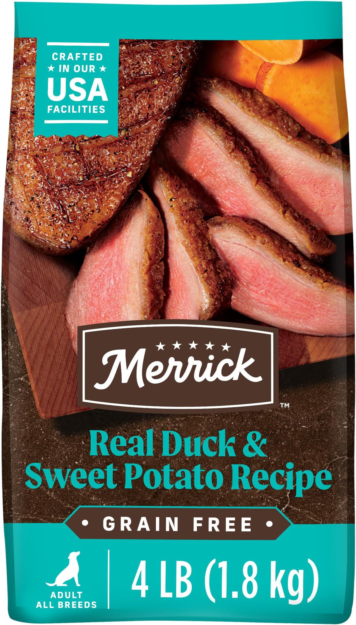 Merrick Premium Grain Free Dry Adult Dog Food, Wholesome and Natural Kibble with Real Duck and Sweet Potato - 4.0 lb. Bag