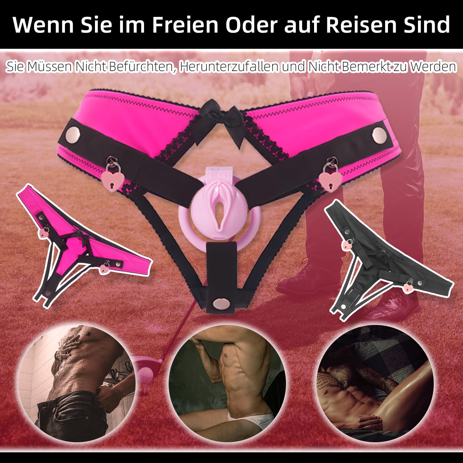 Chastity Panties en forme de cœur avec Sissy Chastity Cage rose Ceinture de chasteté Anti-Off en 2 tailles Jouets sexuels pour adultes pour hommes Formation du pénis (L,Pink)
