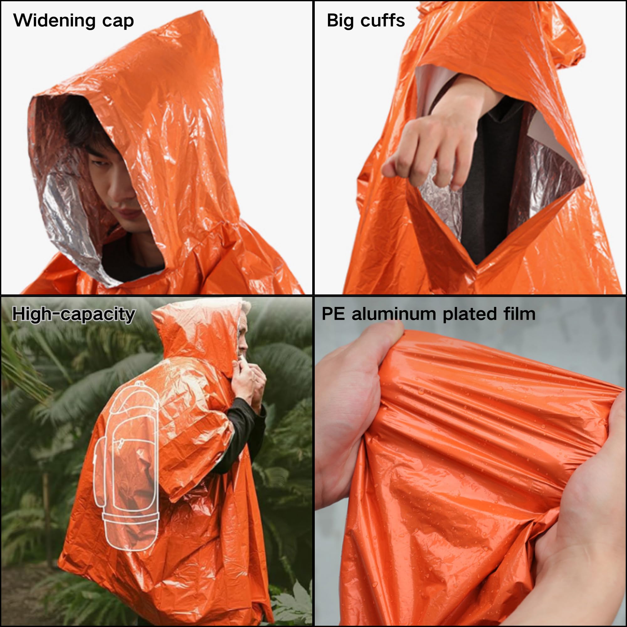 Poncho de supervivencia térmica Mylar, naranja+plata, verde+plata, 1 unidad
