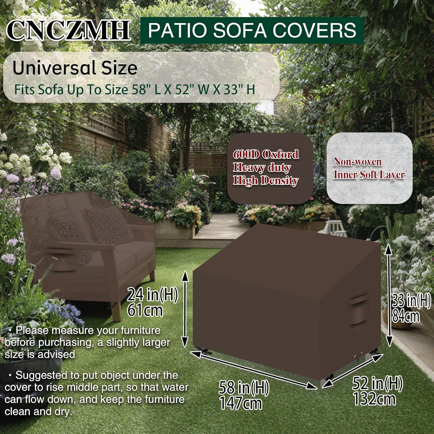 Heavy Duty Patio Sofa Covers Waterproof, Outdoor 3-Seater Couch Cover Waterproof, 600D Outdoor 2-Seater Loveseat Furniture Covers with Air Vent Handle 58''W x 52''D x 24''H/ 33''H Brown