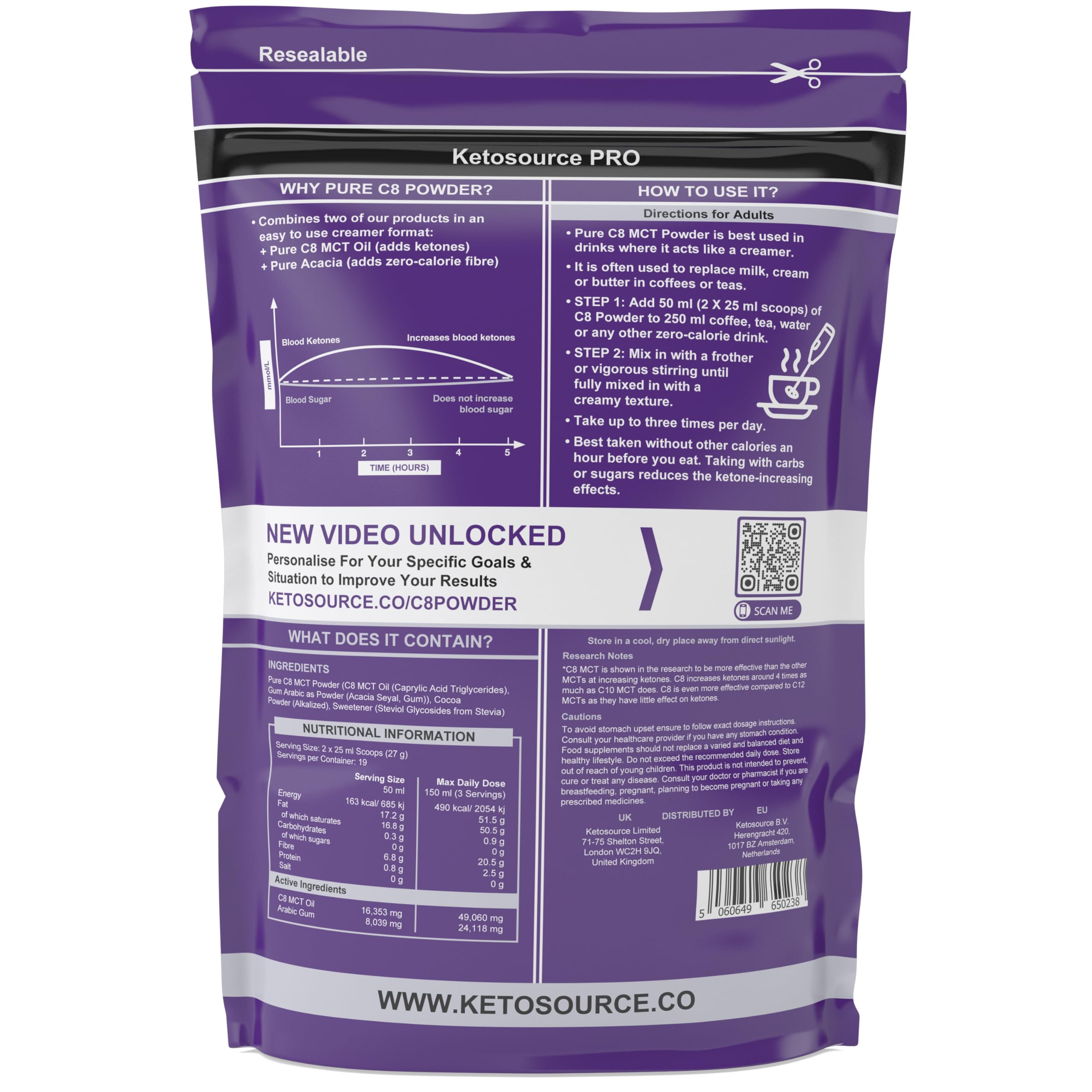 Reines C8 MCT-Pulver | 4-facher Keton-Boost im Vergleich zu anderen MCTs | Null Kohlenhydrate | Unterstützt Keto & Fasten | Enthält MCT Öl C8 von höchster Reinheit | Schokolade | 500g | Ketosource