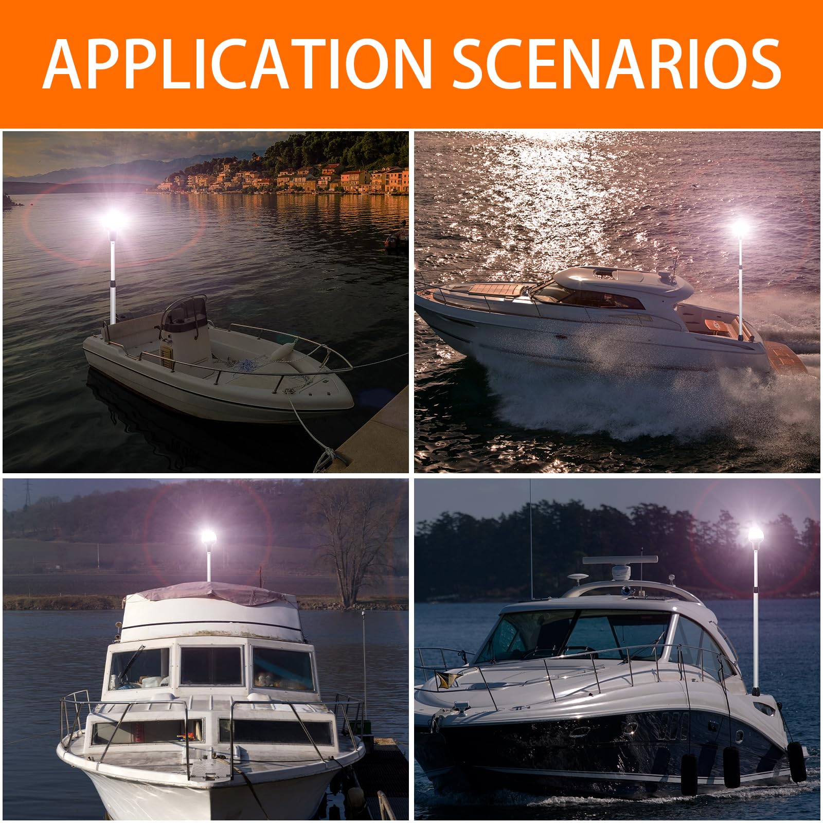 CLGMarine Telescoping Stern Light,Navigation Light,All Round White LED Anchor,USCG 2NM, Removable 2-Pin Plug-in Base,12-24VDC,29-44 Inches,for Pontoon Boats
