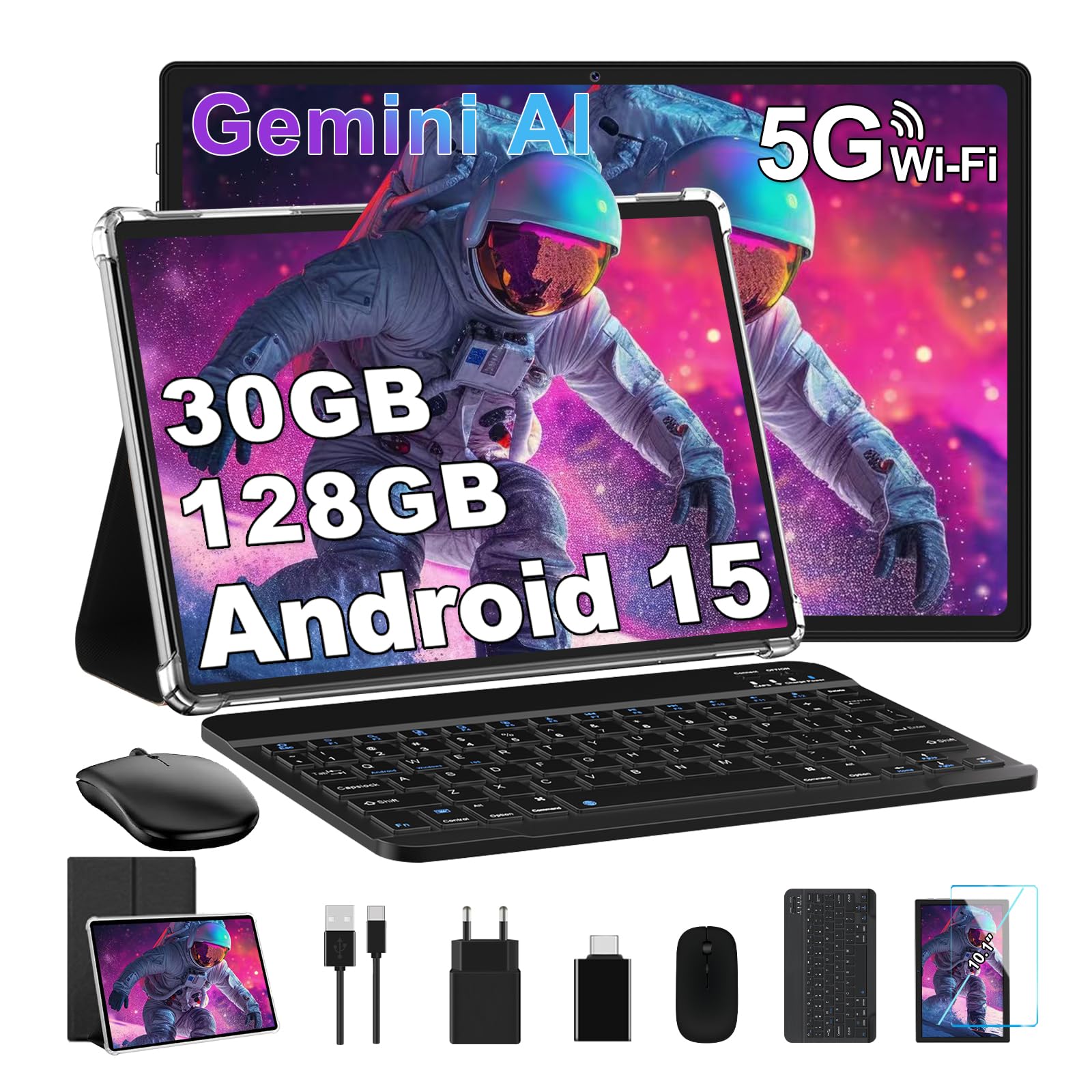 10 Pulgadas Tablet 30GB+128GB, 8000mAh, Android 15, IPS Pantalla FHD, Procesador Octa-Core, Certificación GMS/ Widevine L1/ Control parental, Tableta PC con Cuerpo de Metal, Teclado y Mouse -Negro
