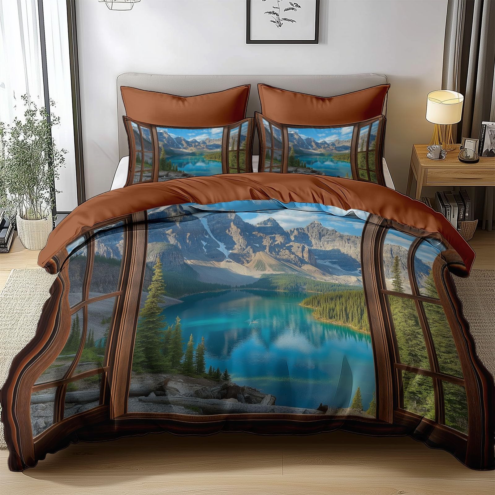 3 Pieces Duvet Cover Realism Moraine Lake Rocky Mountains Reversible Bedding Sets 135 x 200 cm, Brown Soft Brushed Microfibre Quilt Cover with Zipper Closure + 2 Pillowcases