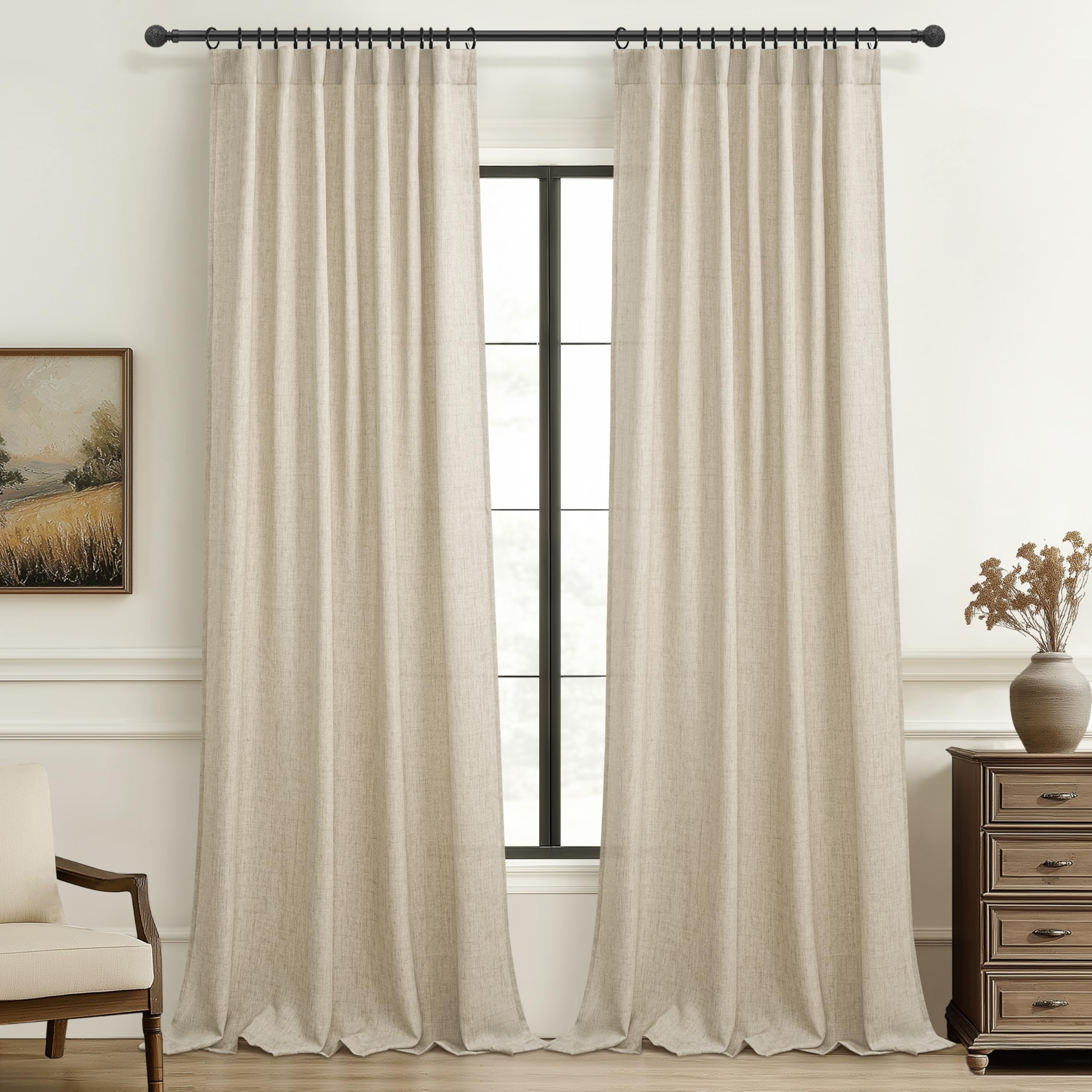 Natural Melange 96 Inch Living Room Curtains Taupe Beige Linen Pleated Drapes Back Tab Ceiling Track 8ft Light Filtering Privacy Rustic Farmhouse Sheer Window Decor Design for Bedroom 2 Panels Set