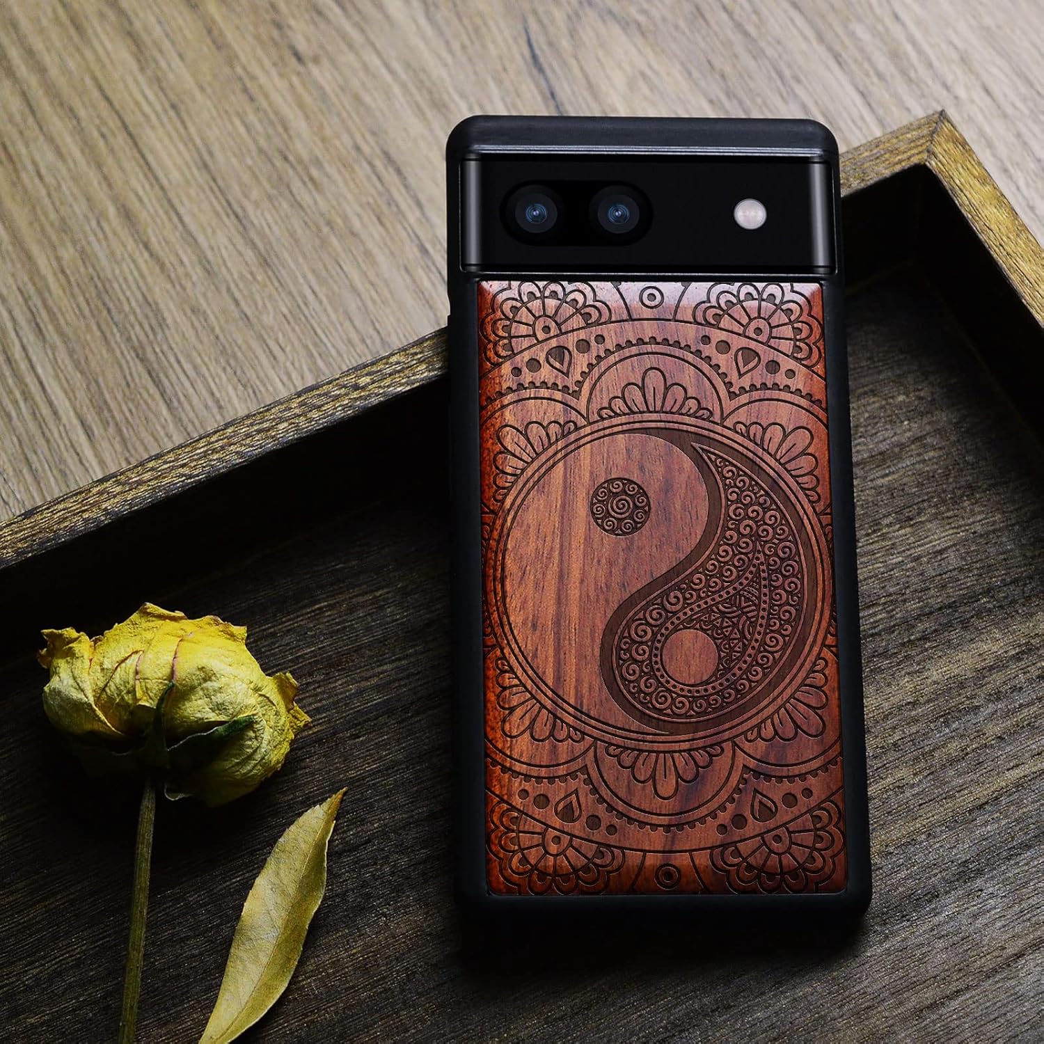 Carveit Wood Case for Pixel 6a Case [Natural Wood & Black Soft TPU] Shockproof Protective Unique Wooden Cover Compatible with Google Pixel 6a (Yin-Yang Mandala-Rosy)