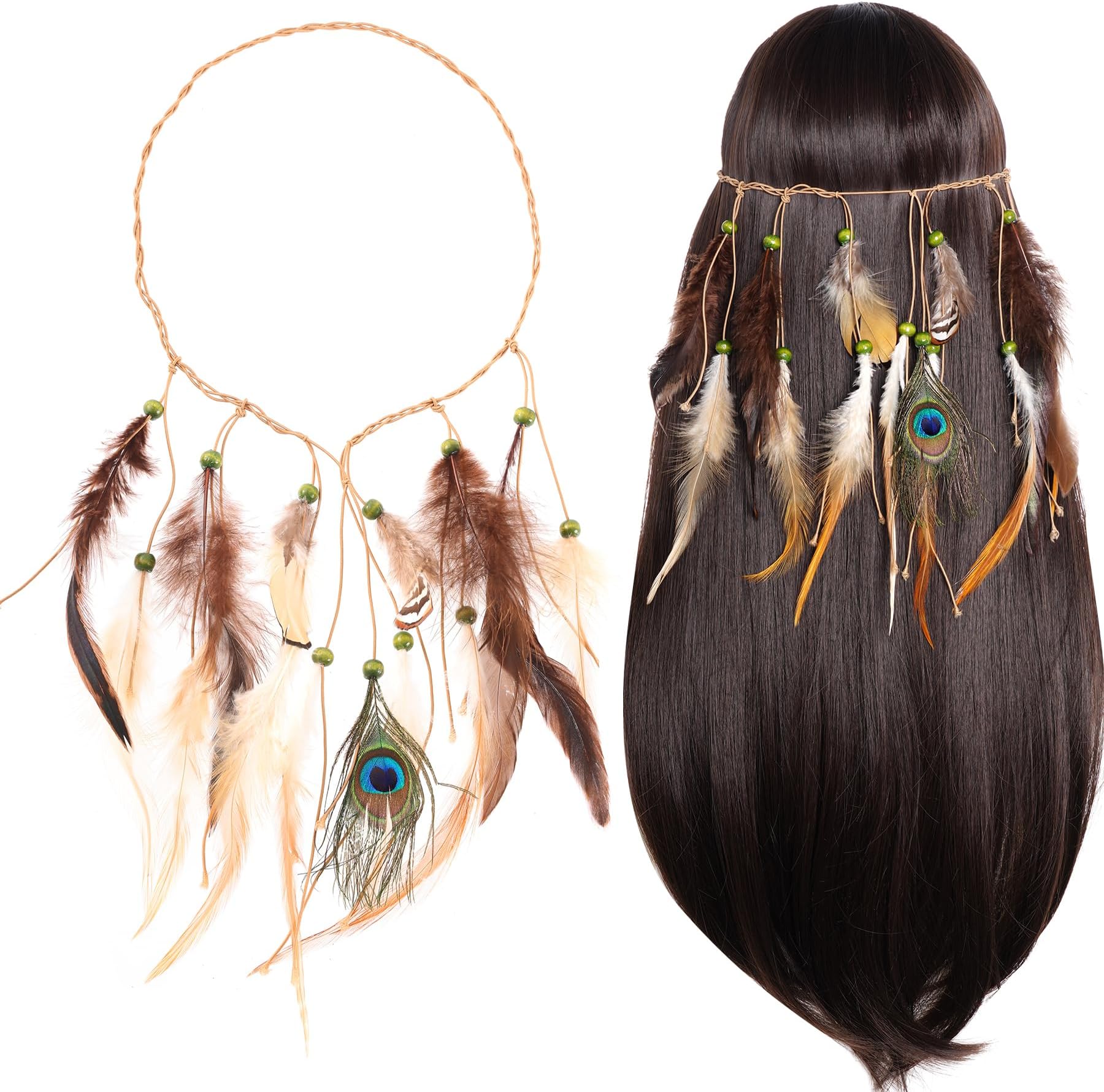Indian Feather Headband Native American Tribal Costumes Head Dress with Feathers for Women and Girls