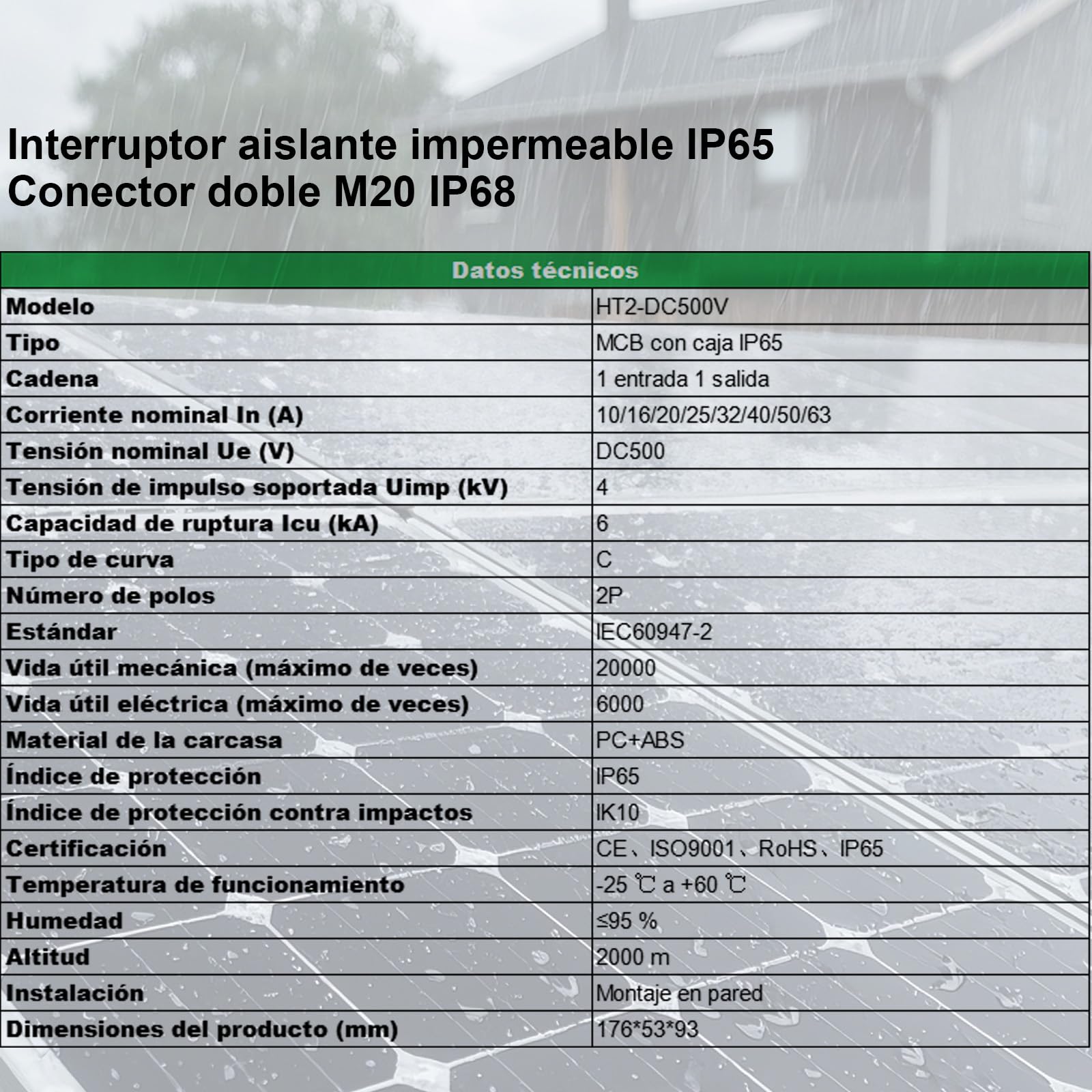 Interruptor Disyuntor DC 500V 20A IP65 1 Entrada 1 Salida para Paneles Solares - Caja de Conexiones Eléctricas con Montaje en Superficie para Sistemas Fotovoltaicos