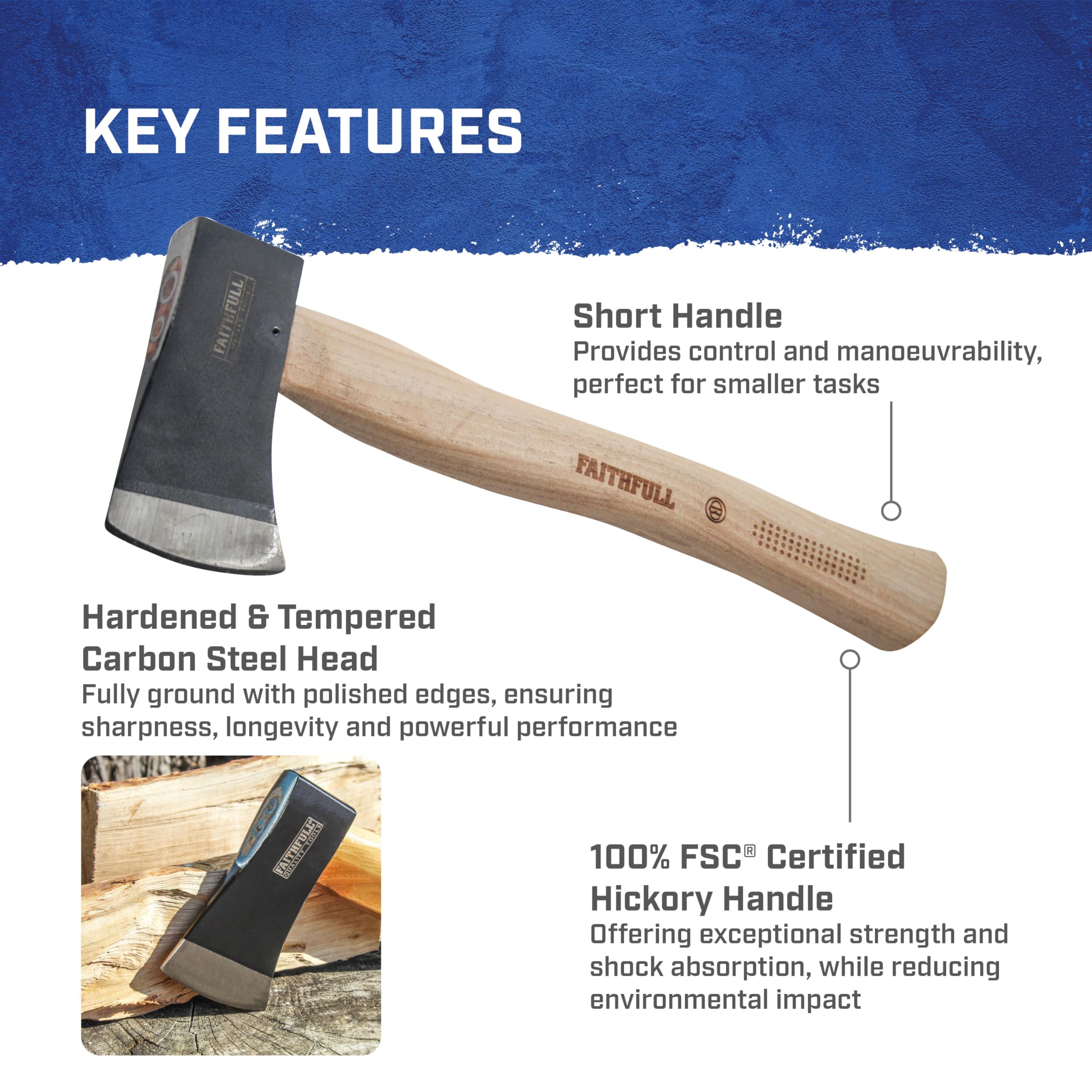 Accetta Faithfull manico hickory FSC testa acciaio carbonio temprato 567 g piccola ascia potatura rami taglio radici