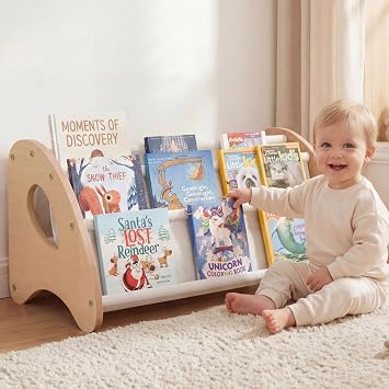 Kids Bookshelf, 4-Tier Montessori Book Shelf for Kids Rooms, Easy Installation, Eco-Friendly Wooden Storage Organizer,28.7 x 15.7 x 13.6 Natural/White