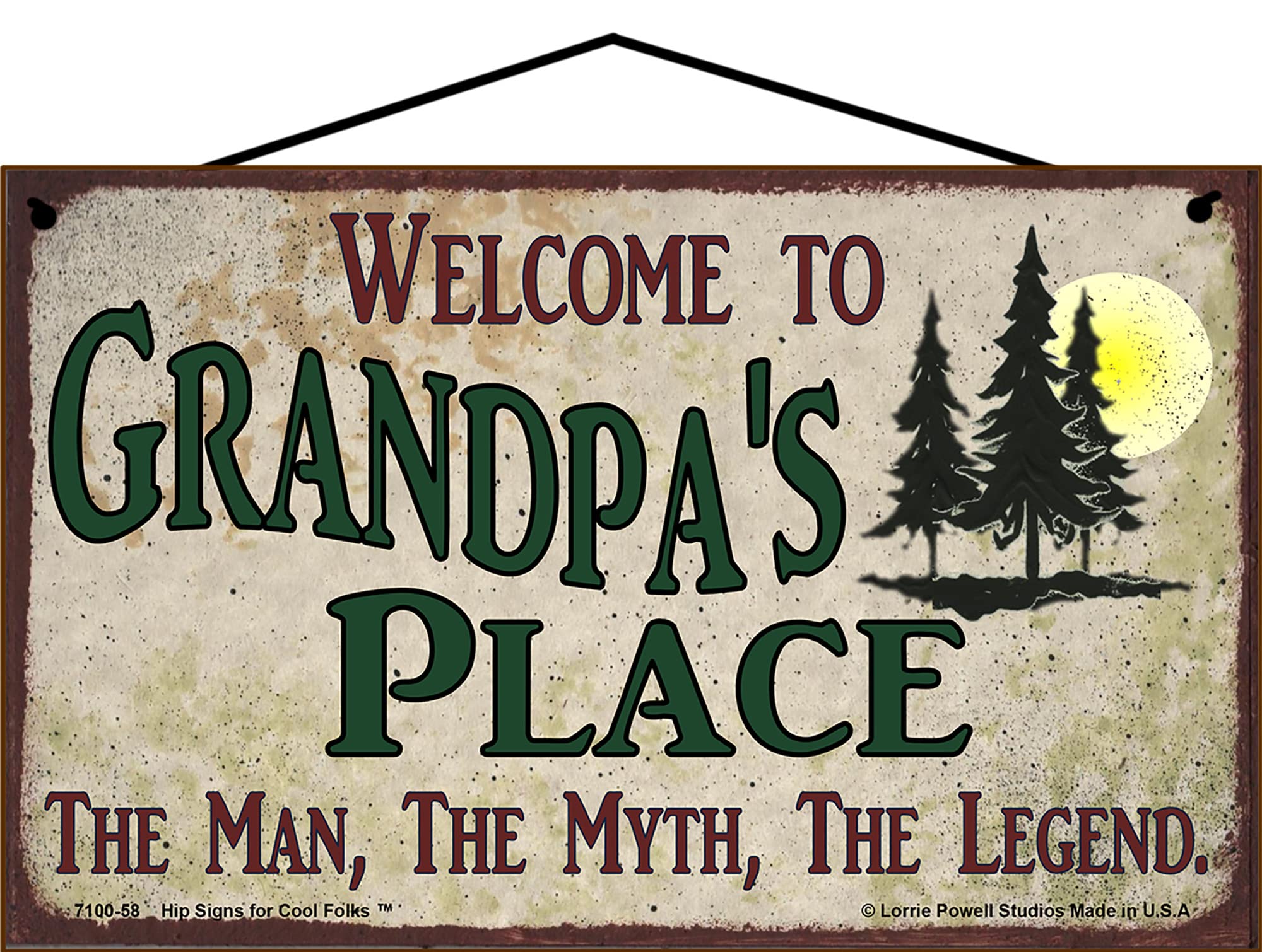 5x8 Sign Welcome to Grandpa's Place, The Man The Myth The Legend, Vintage Style Hanging Wall Art For Your Home, Pine Trees Nature Scene, Father's Day