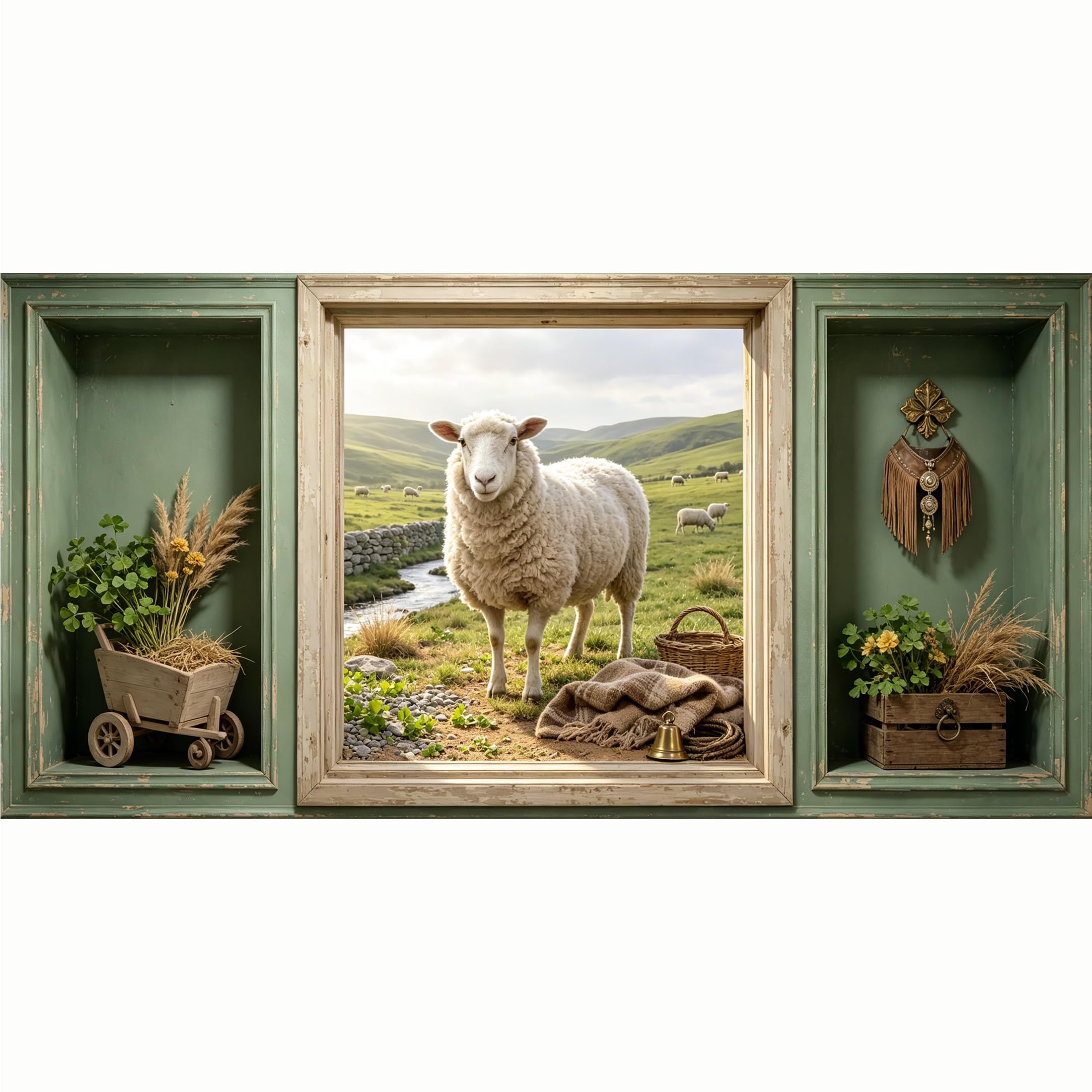 QZLITHOTIC 50x100cm 3D Framed Wall Art， Farmhouse Sheep Pasture Landscape Self‑Adhesive Mural， Water‑Activated Peel & Stick Fabric Decor Wall Decal for Bedroom Living Room