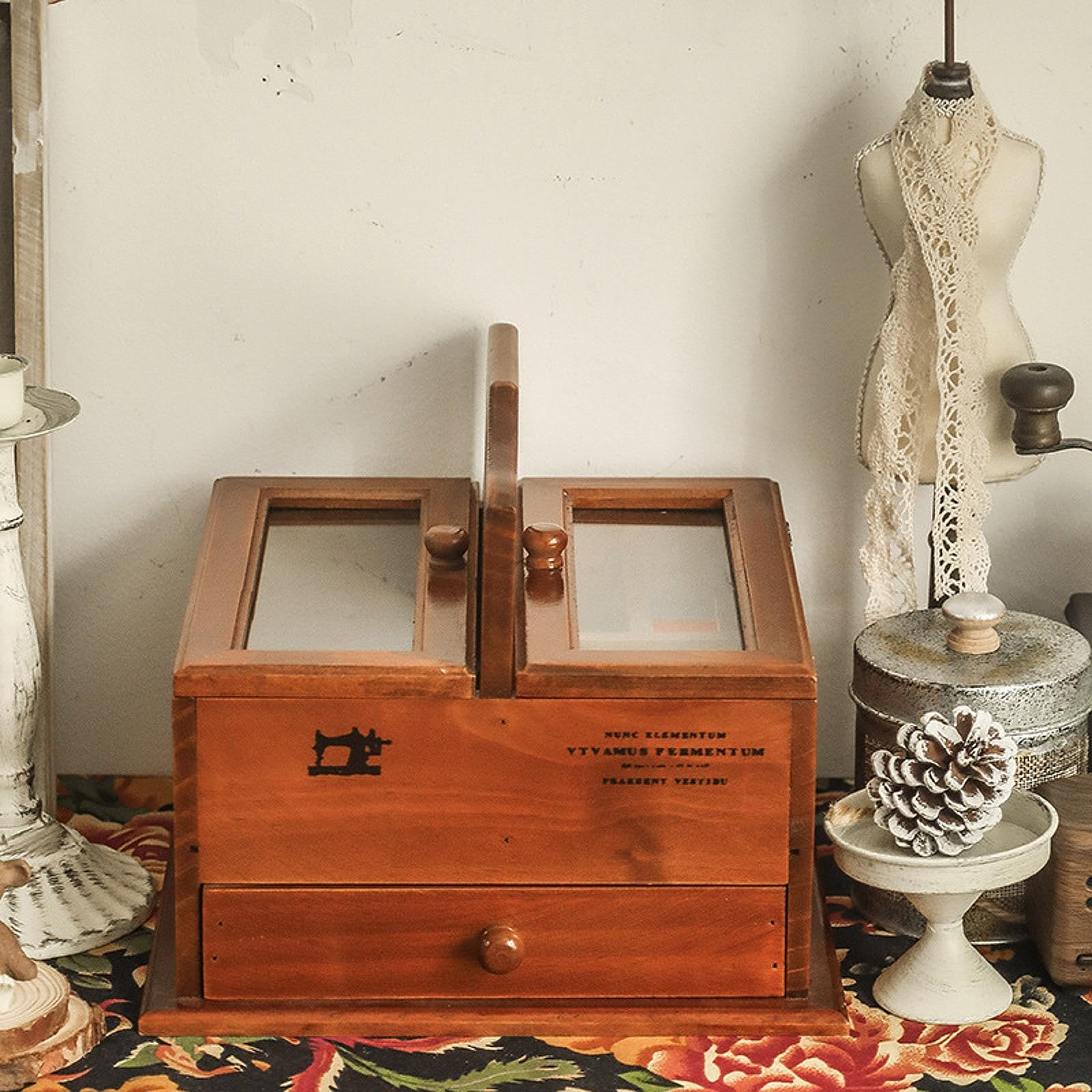 Caja de Costura de Madera, Caja de Almacenamiento para Manualidades, Carrete de Hilo de Coser,