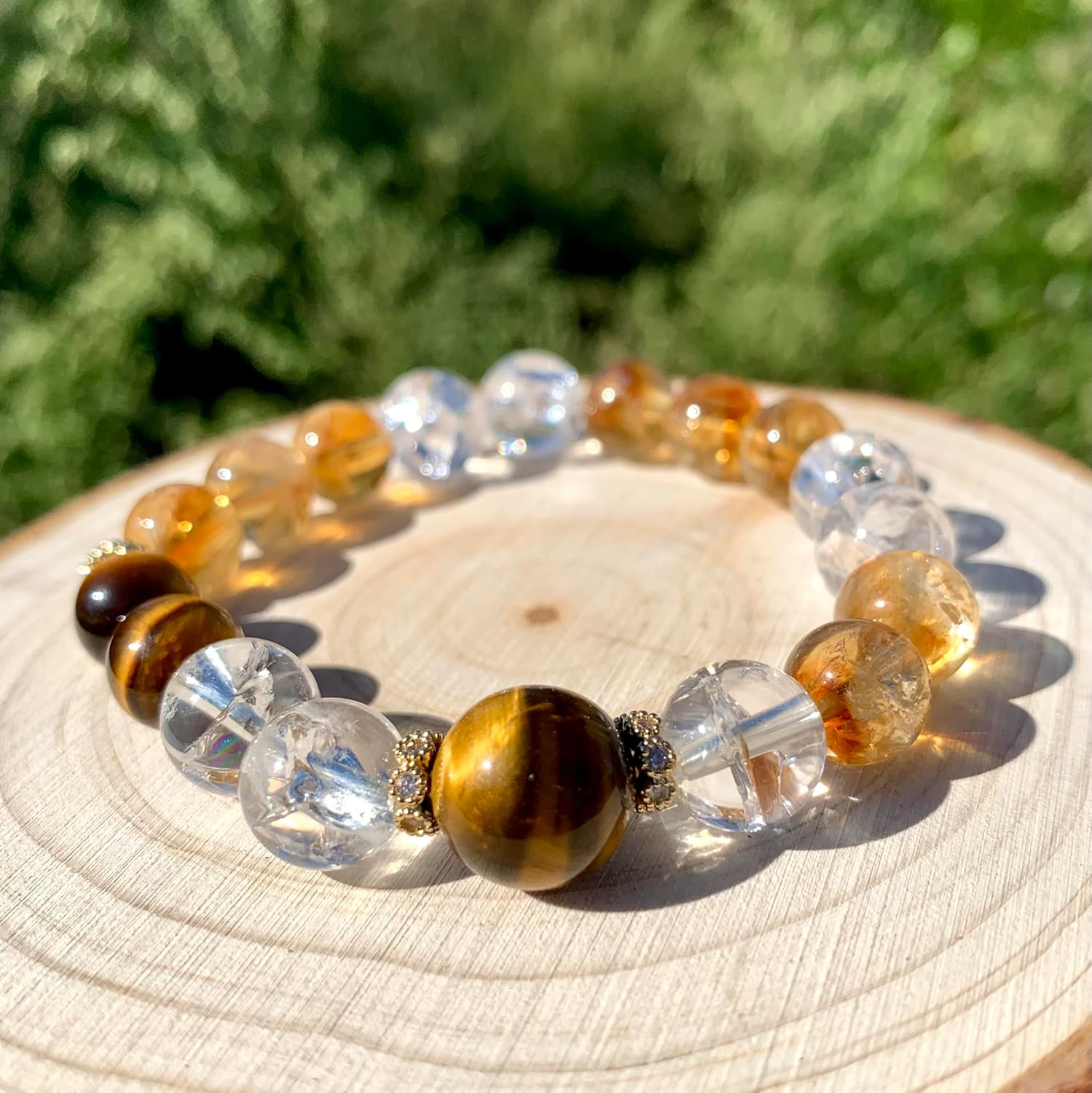 Natural Tiger Eye Citrine Azeztulite Clear Crystal Beads Bracelet, Healing Crystals Jewelry Handmade Stretch Adjustable Bangle, Gift for Him Her - Image 2
