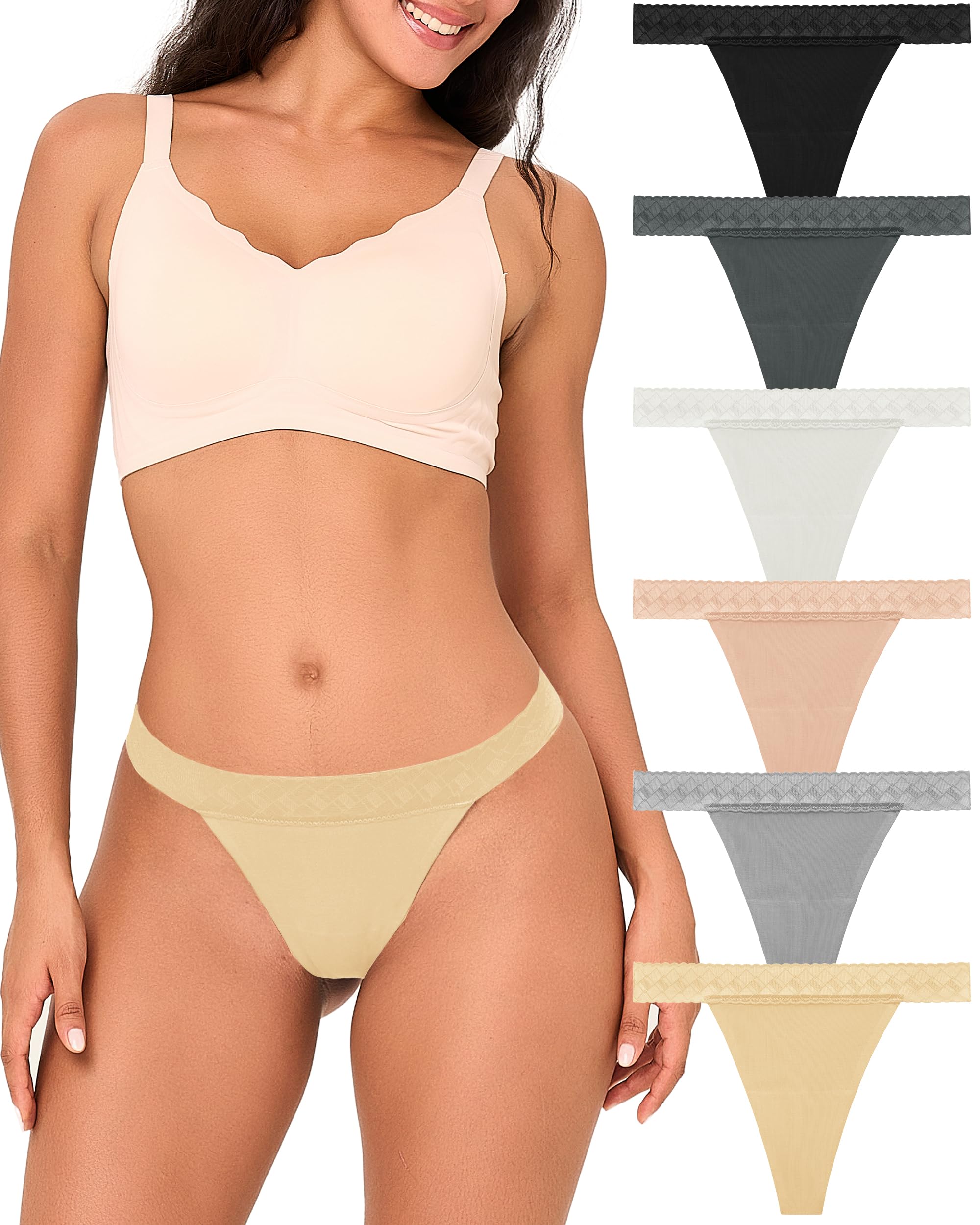 BAMBOO COOL Women's Thongs Seamless Moisture-Wicking Breathable Underwear High Stretchy Mid Waisted Panties Tagless 6 Pack