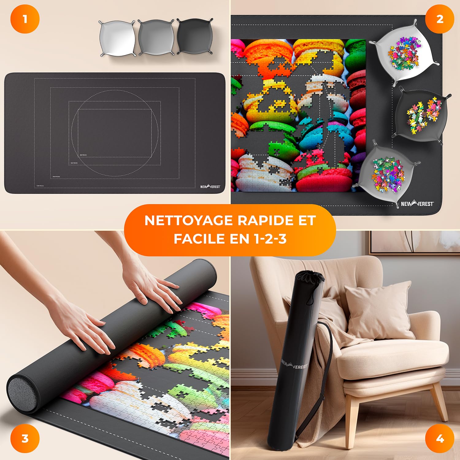 Newverest Tapis de Puzzle Enroulable Original 117 x 66 cm – Jusqu’à 1500 Pièces | Tapis antidérapant avec Surface Lisse + 3 Plateaux de tri & Sac de Rangement Portable Voyage