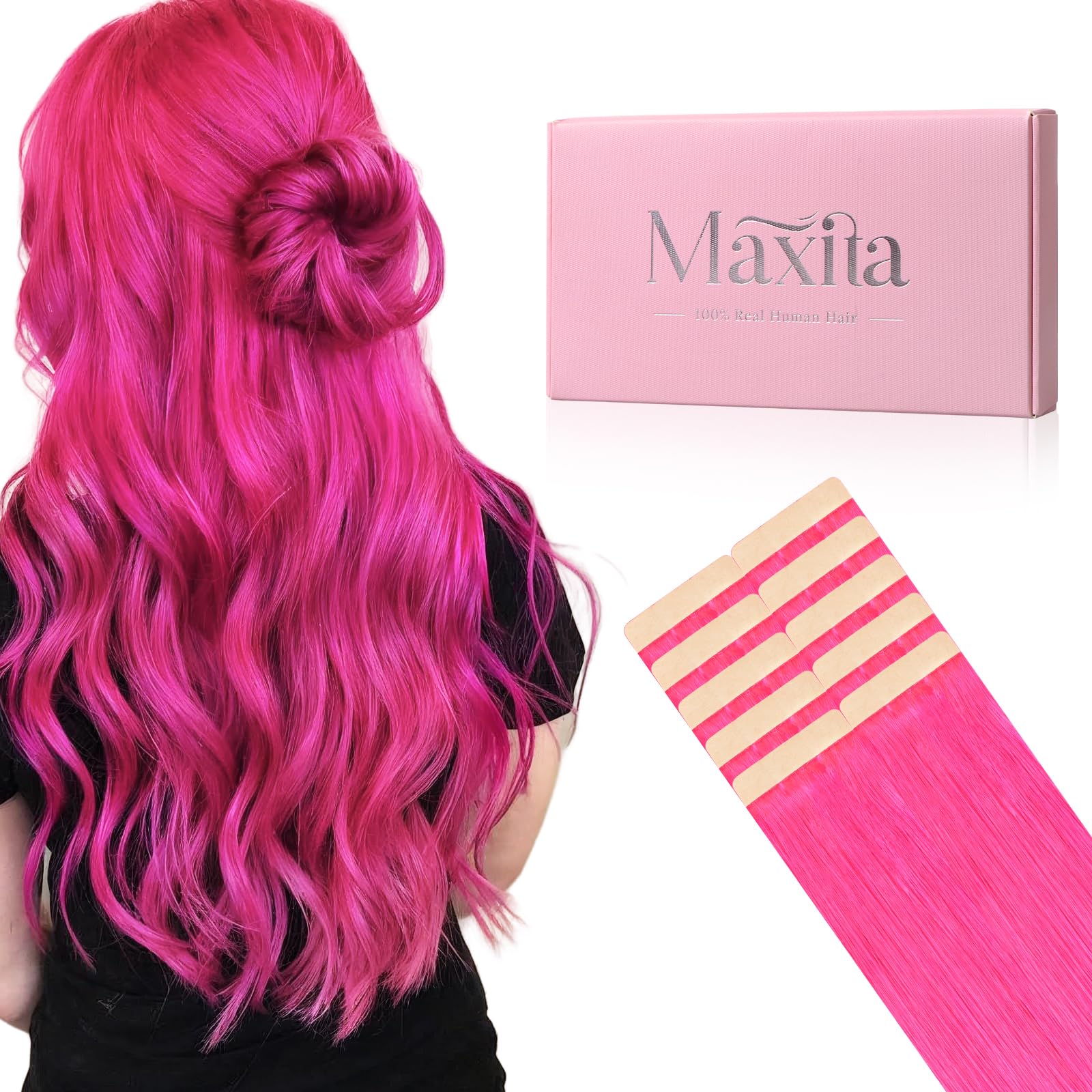 MAXITA Tape in Hair Extensions Human Hair Hot Pink Tape in Extensions 10pcs 25g 18inch Colored Invisible Real Human Hair Extension Soft Straight Wine