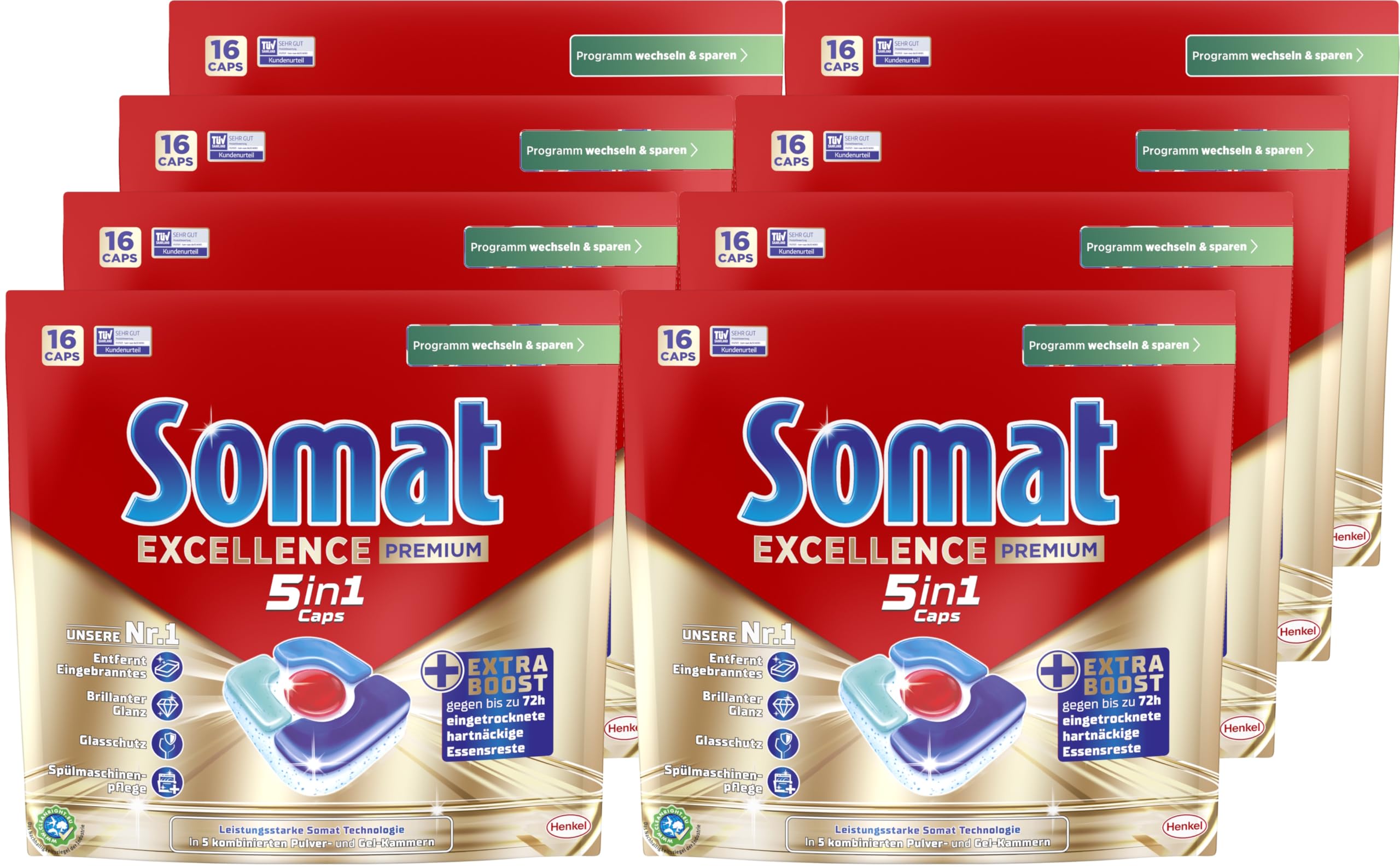 SOMAT Excellence Premium 5in1 Caps 128 Stück (8 x 16 Caps), schnellauflösende Tabs mit Extra-Boost, entfernen eingetrocknete Reste und wirken in Kurz-, Eco- und Niedrigtemperaturprogrammen.
