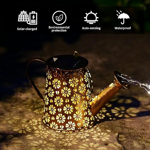Miniatura 5 de Regadera solar con luces en cascada, fuente de agua alimentada por energía solar, decoración de jardín, faroles solares colgantes al aire libre,