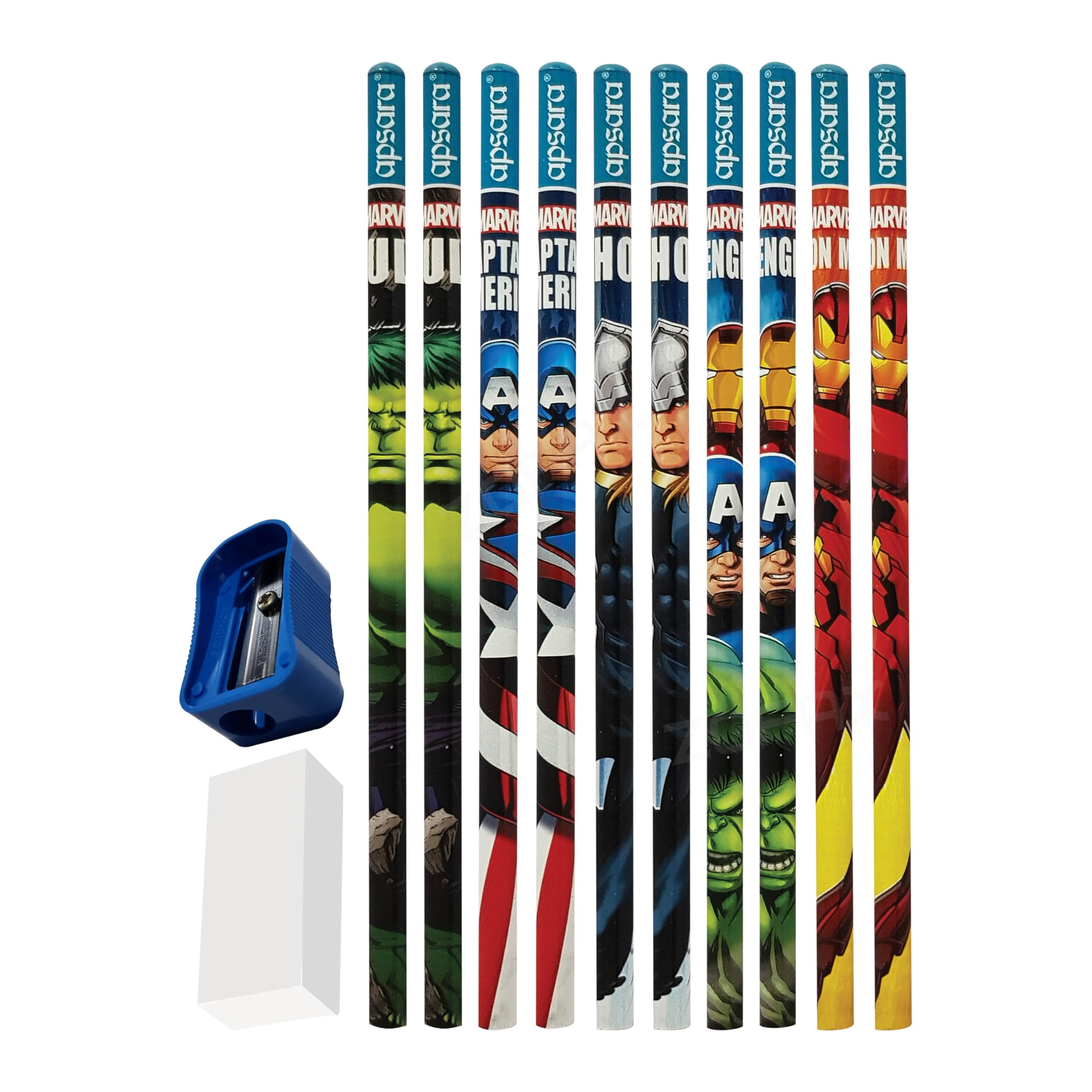 Marvel Avengers Novelty Pencils, Pack of 10, Pencils Sharpener Eraser Multipack, School Office Home Nursery Use, Gift Pack, iZOFAX