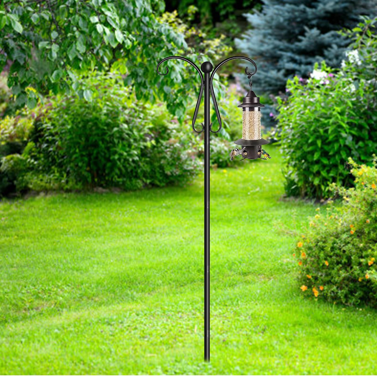 Gancio per pastore 240 cm, Gancio doppio da giardino con 5 denti, Asta per mangiatoia per uccelli, Gancio per arco da pastore, per luci solari, cesti per piante, lanterne, casette per uccelli