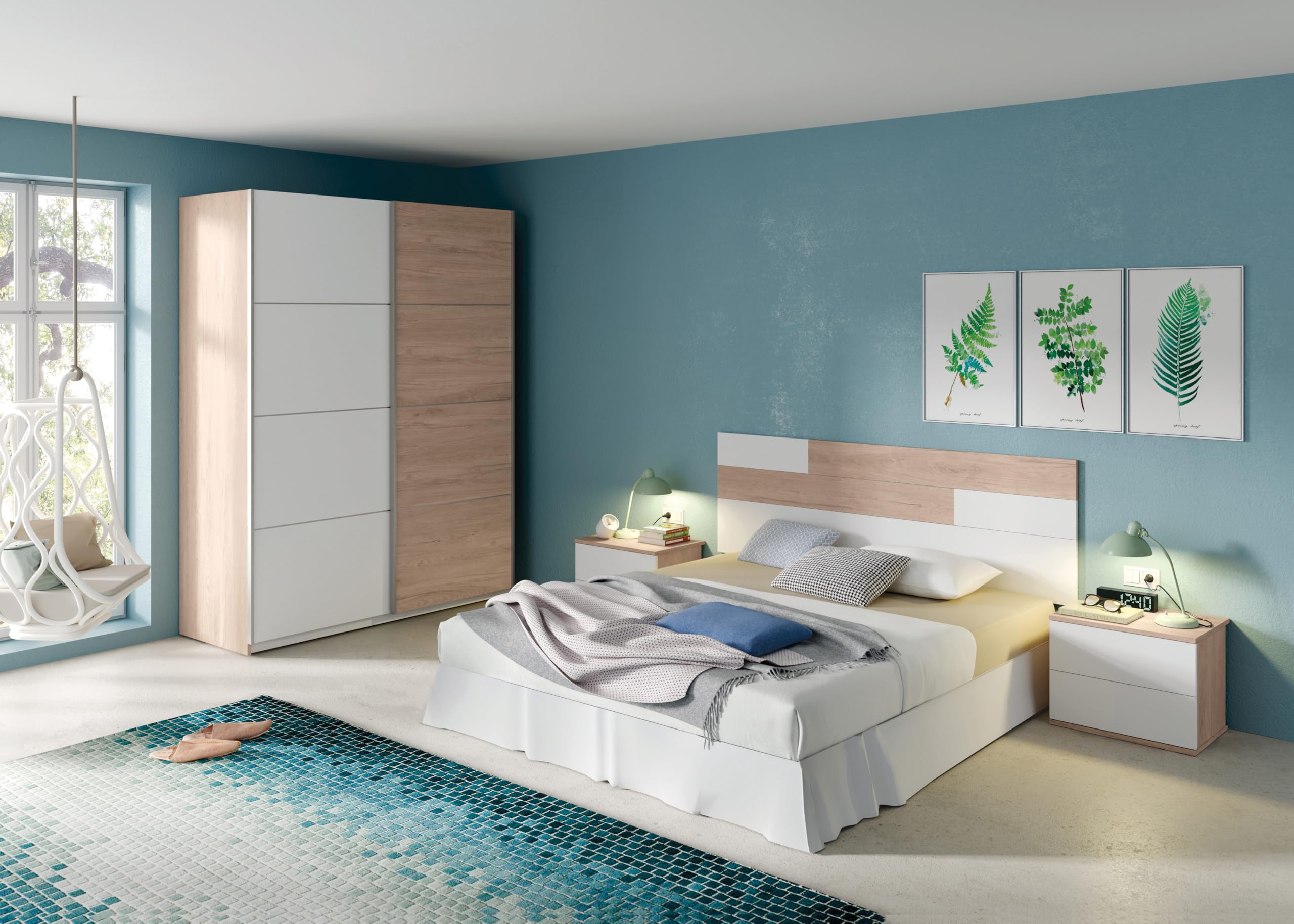 MUEBLES PITARCH | Conjunto Pack Cabecero y 2 Mesitas de Noche, Incluye Herrajes para Colgar, Guías metálicas, Blanco y Roble Aurora, Dormitorio Doble de Matrimonio, para Cama 150, Modelo Erika