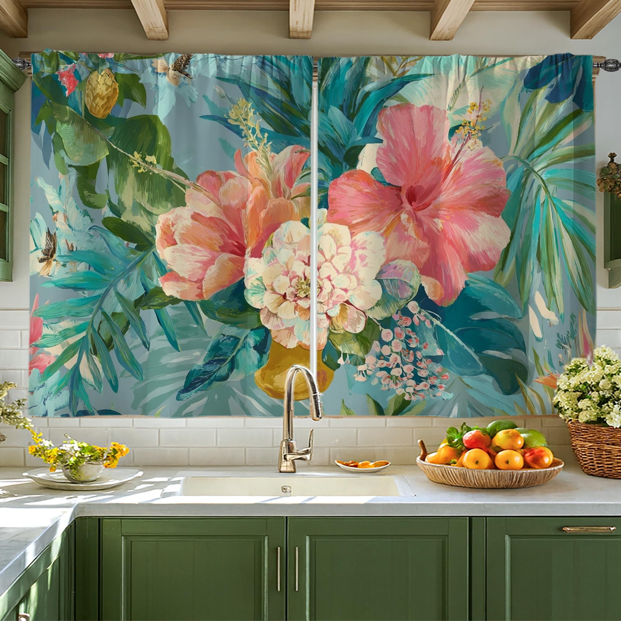 Rideau de cuisine tropical hibiscus pêche pour habiller la fenêtre de votre buanderie 106x114 cm