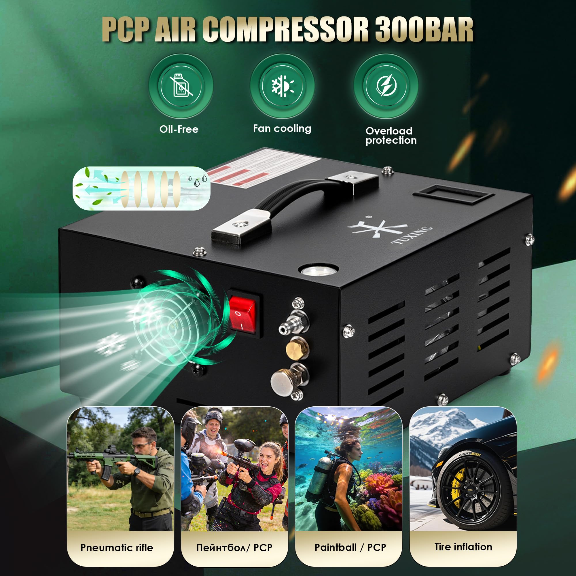 TUXING Compresseur d'air PCP 4500Psi, Compresseur d'air ajustable haute pression alimenté par voiture 12V DC ou maison 220V AC avec adaptateur (inclus), Pompe pour Scuba Tank