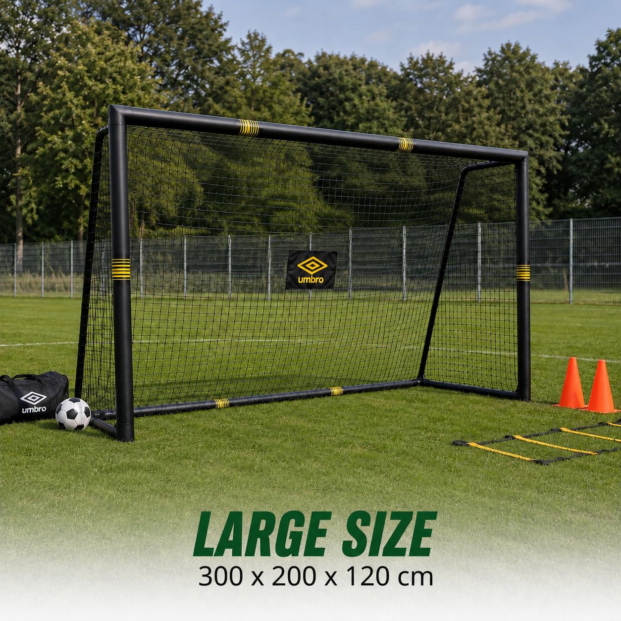 Umbro Bramka Do Piłki Nożnej 300 X 200 X 120 Cm – Bramka Do Piłki Nożnej Do Ogrodu, Dla Dzieci I Dorosłych – Akcesoria Treningowe Do Użytku Wewnątrz I Na Zewnątrz – Metalowa, Czarny/Żółty