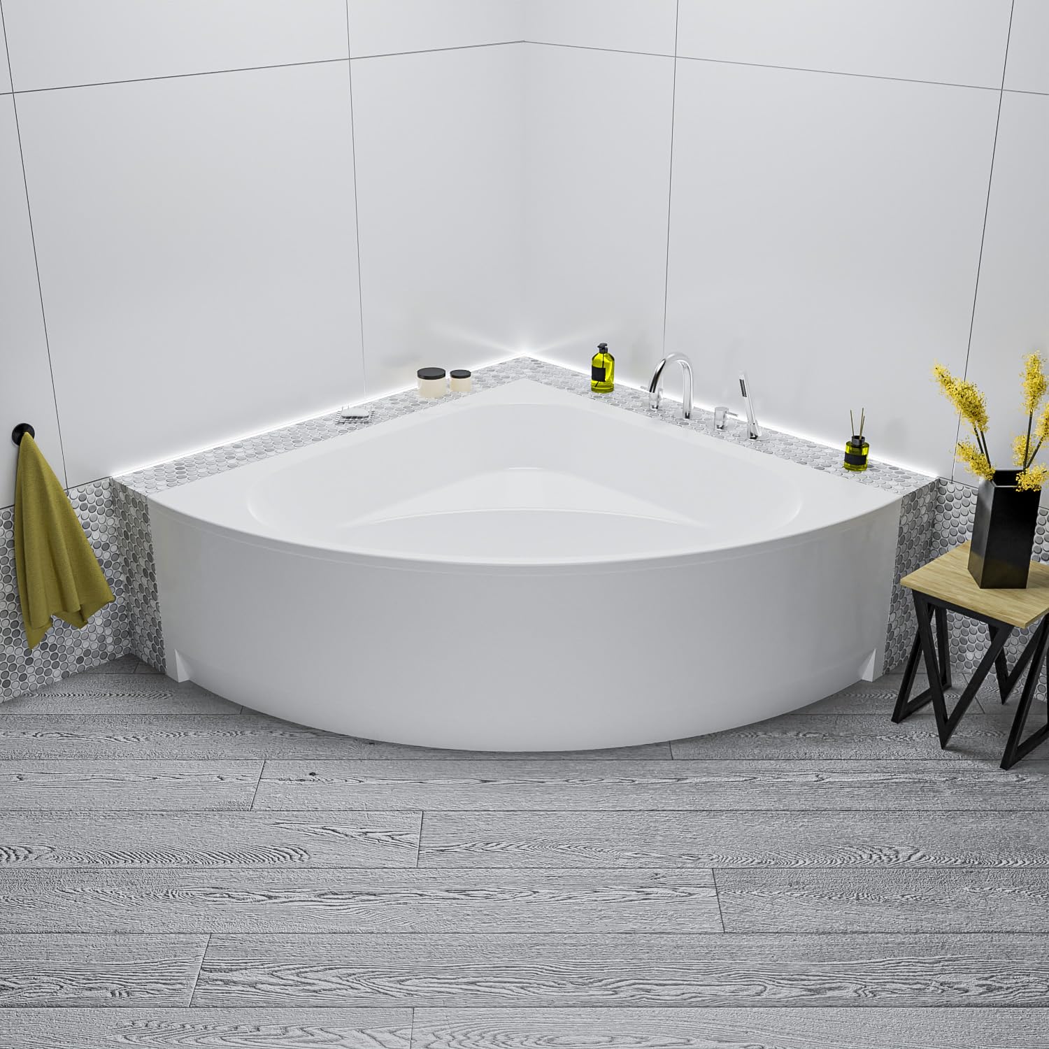 ECOLAM Baignoire d'angle acrylique symétrique Dina 140x140 cm | tablier en acrylique | pieds siphon et silicone