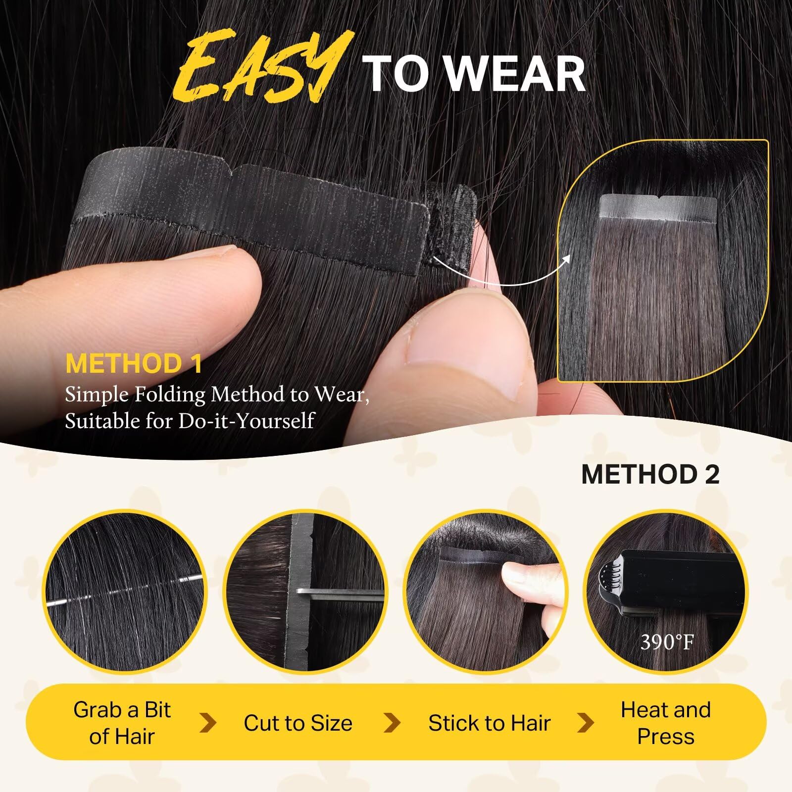 DOORES Breites Klebeband für Haarverlängerungen, Tape ins, 45 cm 50 g 10 Stück, natürliches Schwarz, 8cm Klebeband – 20 Min. Selbstanwendung, Remy-Echthaar – langlebig & wiederverwendbar