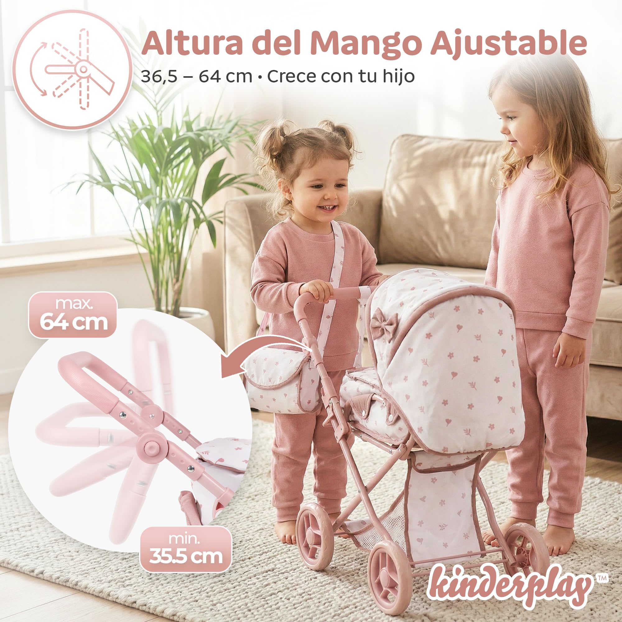 Kinderplay Cochecito de muñecas 3 en 1 Rosa con Bolsa de Transporte – Cochecito de muñeca Ajustable de 36,5 – 64 cm, Plegable, Ruedas de Espuma silenciosas, para muñecas de hasta 40 cm, a Partir de 3