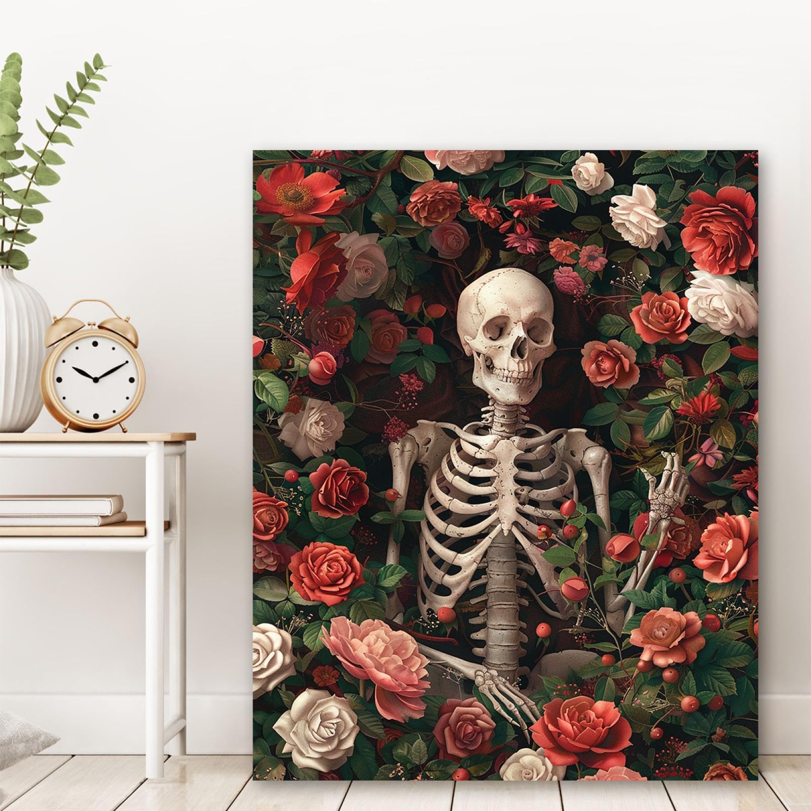 Via Vela Peinture sur toile sur le thème d’Halloween romantique rose et rouge Rose fleur jardin drôle squelette impression affiche art mural pour lessive décor 30x40cm Cadre intérieur