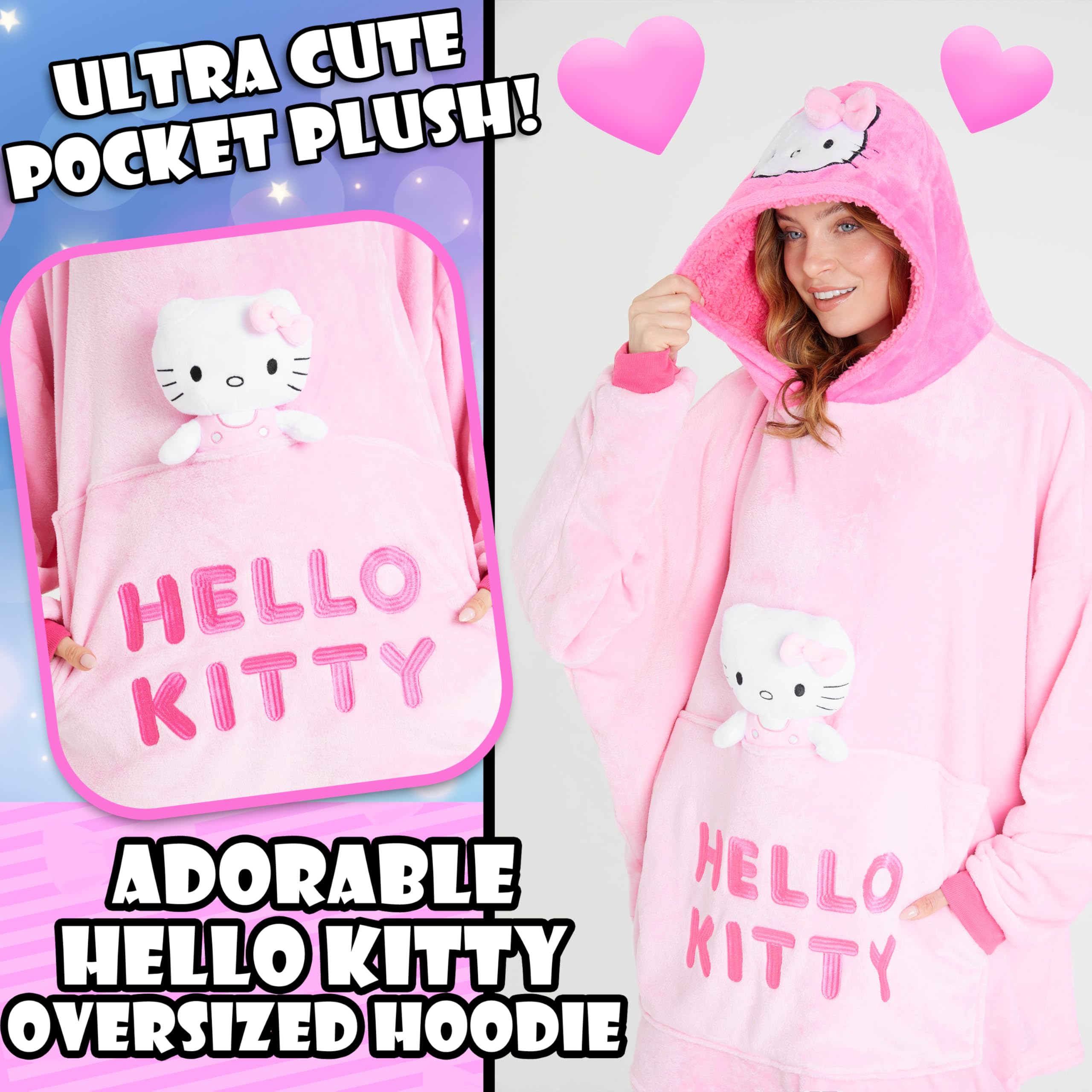 Hello Kitty Sanrio Couverture à Capuche Femme et Ado, Couverture Polaire Oversize avec Peluche Intégrée, Anime Cadeau Femme