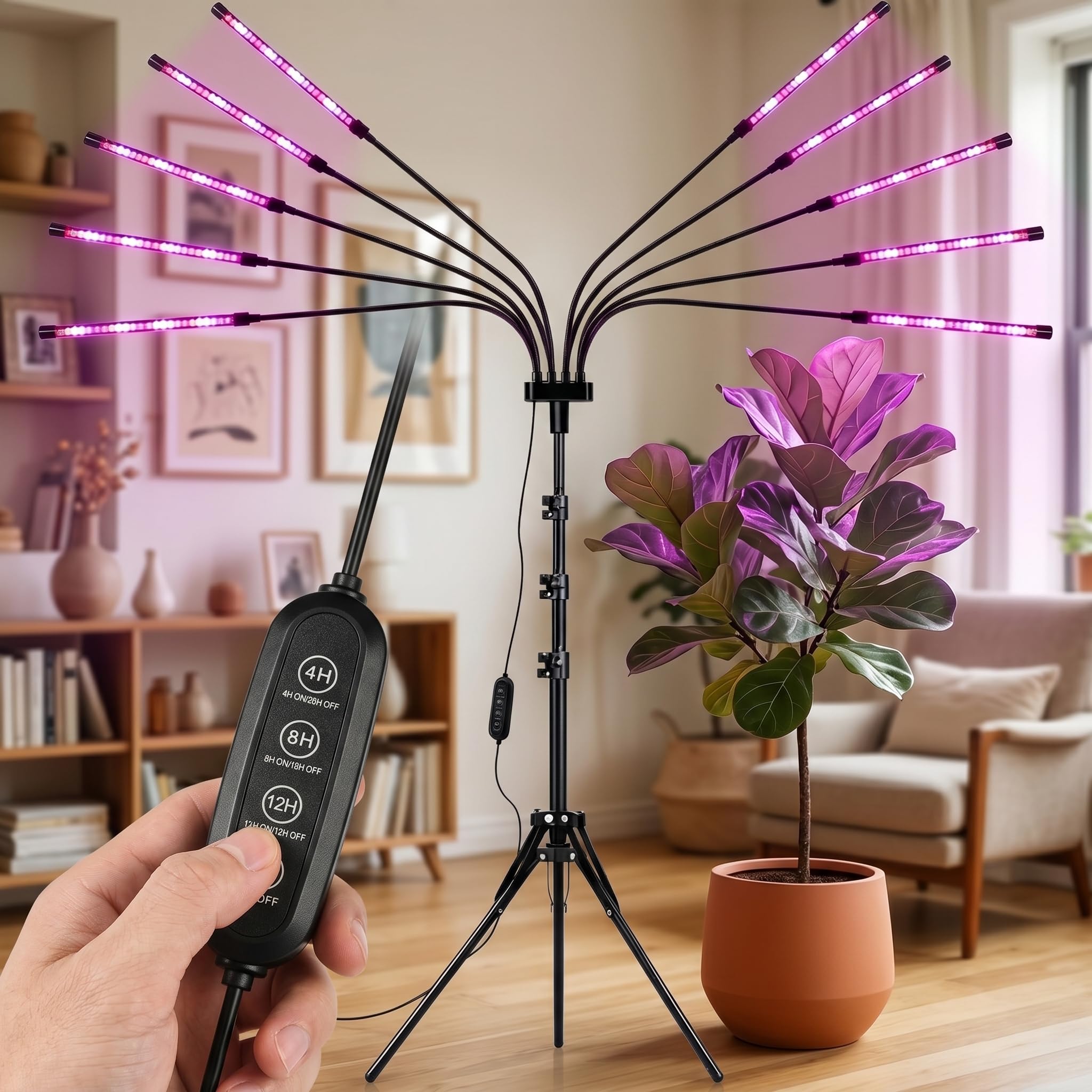 LED Pflanzenlampe 10-in-1, Vollspektrum Grow Light mit Stativ, Zeitschaltuhr 4/8/12H (Auto Ein/Aus), Pflanzenleuchte für Zimmerpflanzen