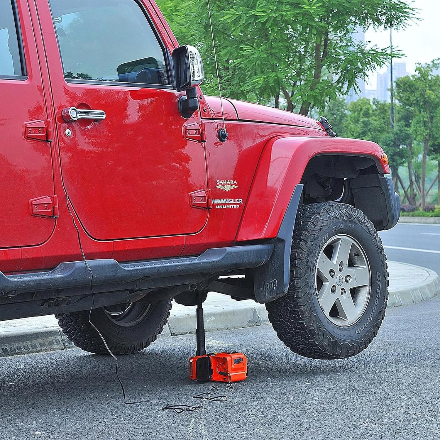 Zestaw podnośnika samochodowego elektrycznego o udźwigu 5 ton – hydrauliczny z podwójnym zasilaniem, oświetleniem LED i sprężarką powietrza – idealny do awaryjnej wymiany opon (53cm)