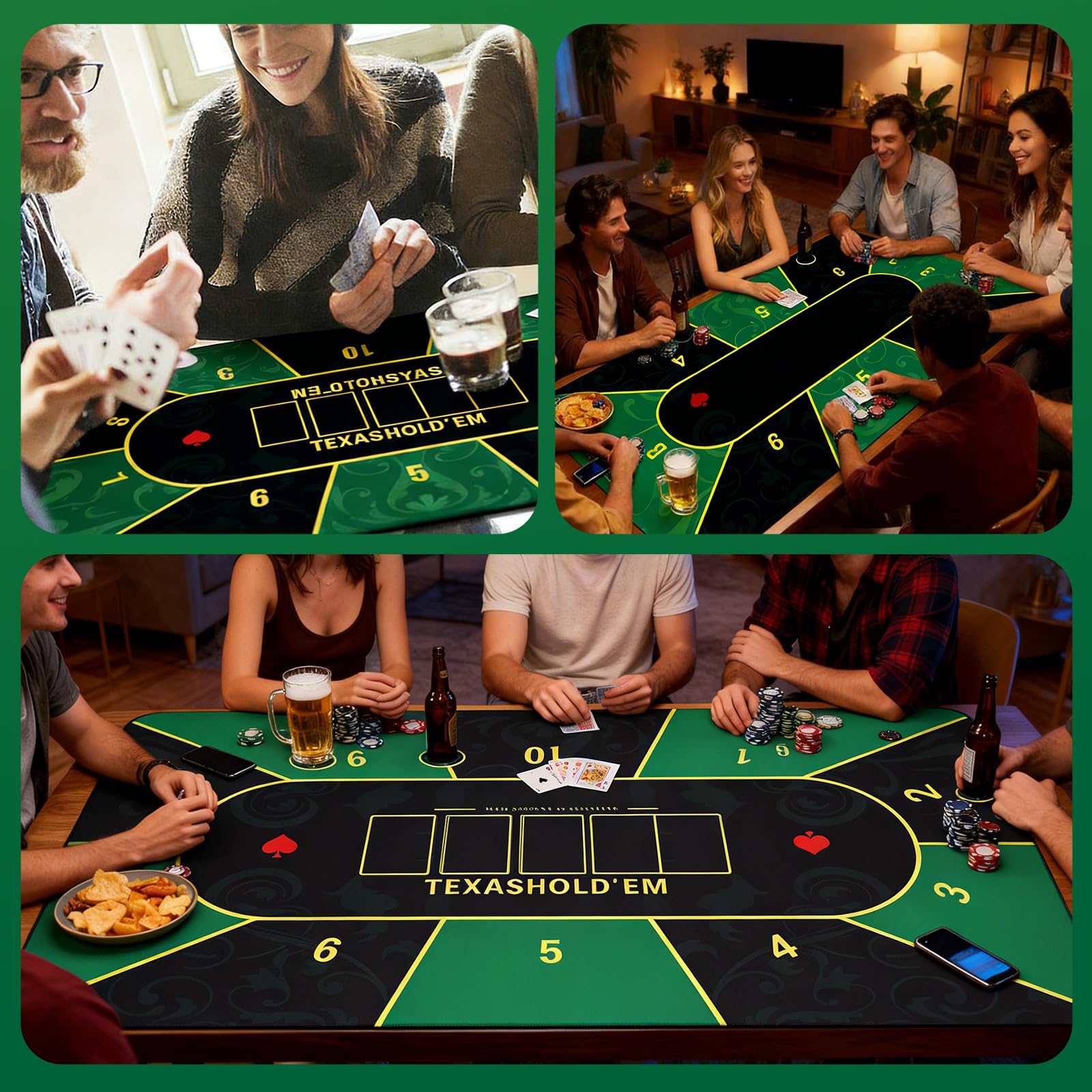 Texas Hold'em Tapis de poker 180 x 90 cm, imperméable, pour jusqu'à 10 joueurs, avec sac de transport et 8 sous-verres, idéal pour les jeux à domicile et les fêtes, tissu anti-boulochage, insonorisé