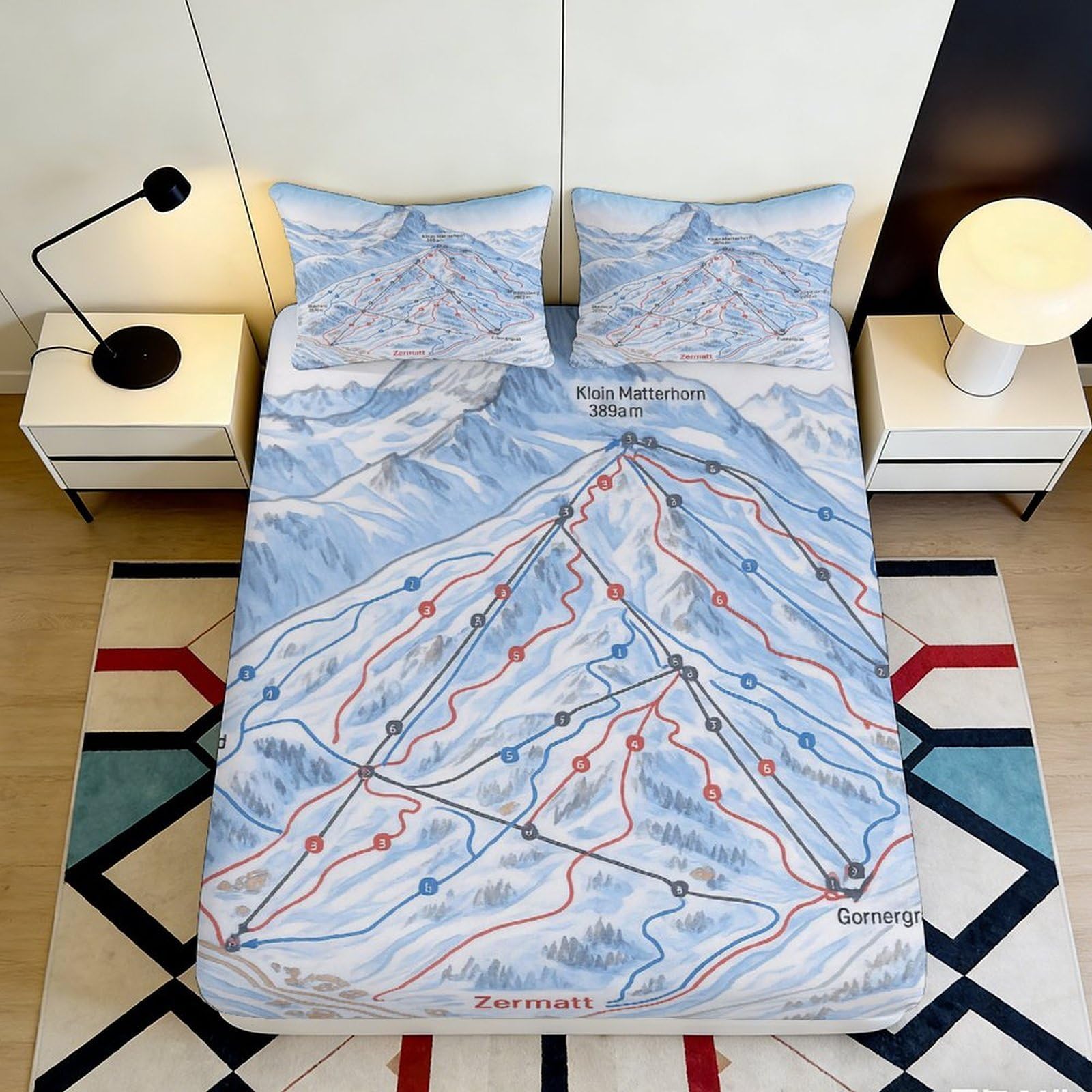 3D Printed Ski Mountain Fitted Sheet Microfiber Deep Pocket Non-Slip Ski Map Mattress Fitted Cover Washable Bedding for Bedroom 200x200x25cm 90x200x25cm